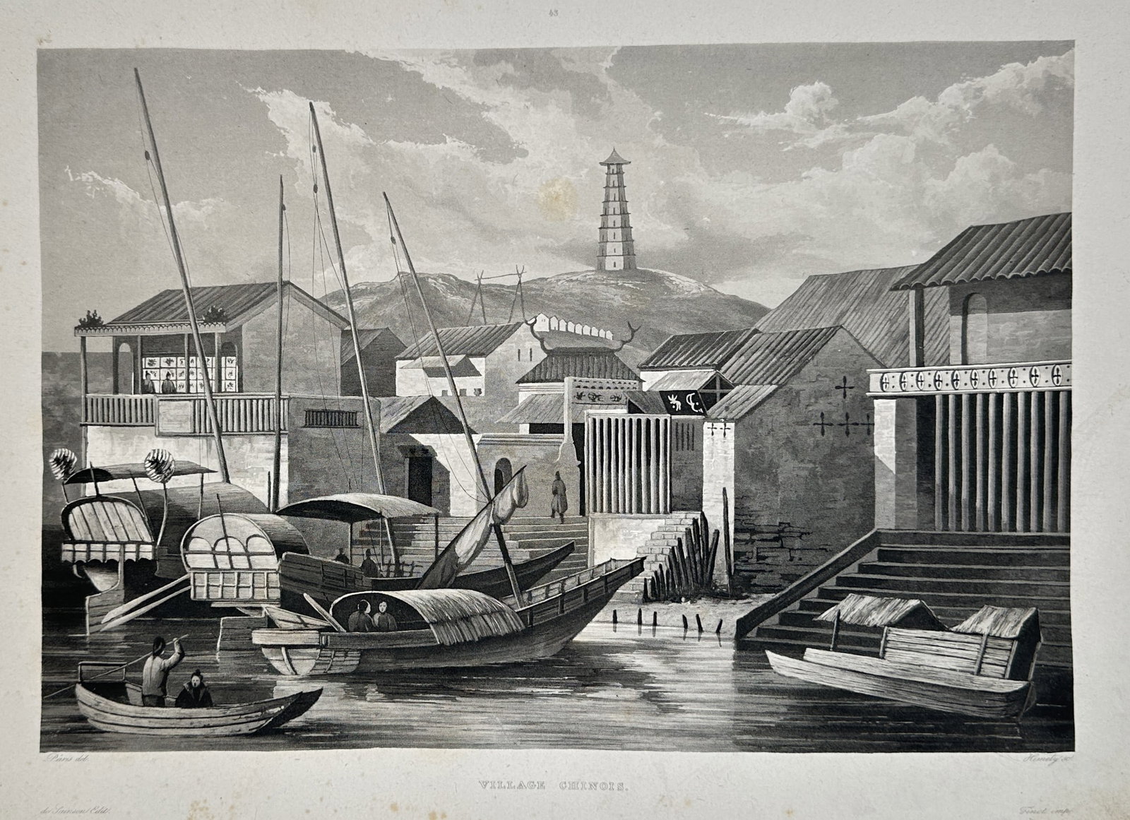 Barthélémy Lauvergne (1805–1871) – View of a Chinese Village and Pagoda – Lithograph (1835): "Village Chinois" depicts a bustling riverside scene featuring traditional Chinese dwellings and various sampans and junks moored along the water's edge. In the background, a prominent multi-tiered pa
