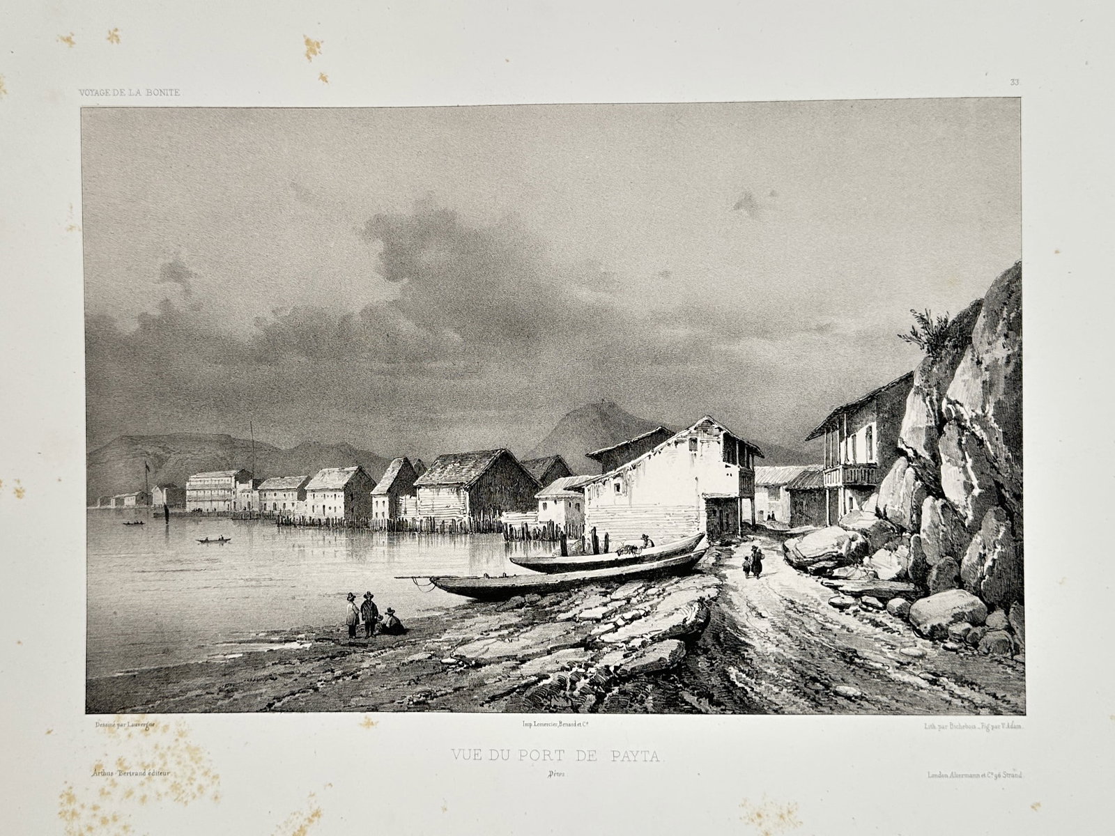 Barthélémy Lauvergne (1805–1871) – View of the Port of Paita – Peru – Lithograph (1841): "Vue du Port de Payta" depicts the coastal town of Paita in northern Peru, showing simple dwellings along the water's edge, small boats pulled onto the rocky shore, and the arid, hilly landscape chara