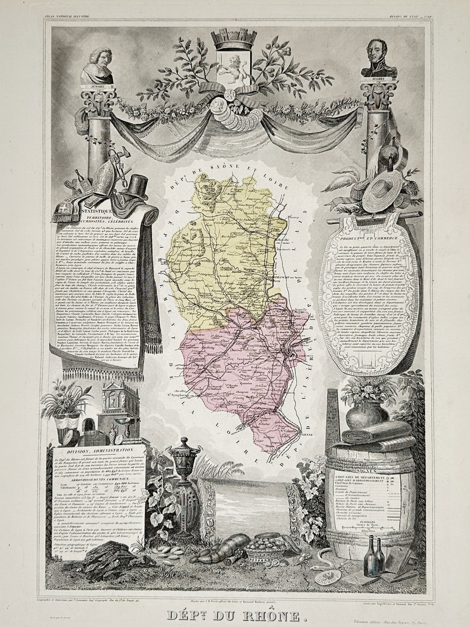 Victor Levasseur (1800–1870) – View of the Department of Rhône – France – Steel engraving: "Dépt. du Rhône" features a color-coded map of the Rhône department, centered on the city of Lyon and the confluence of the Rhône and Saône rivers. The map is framed by a grand architectural and