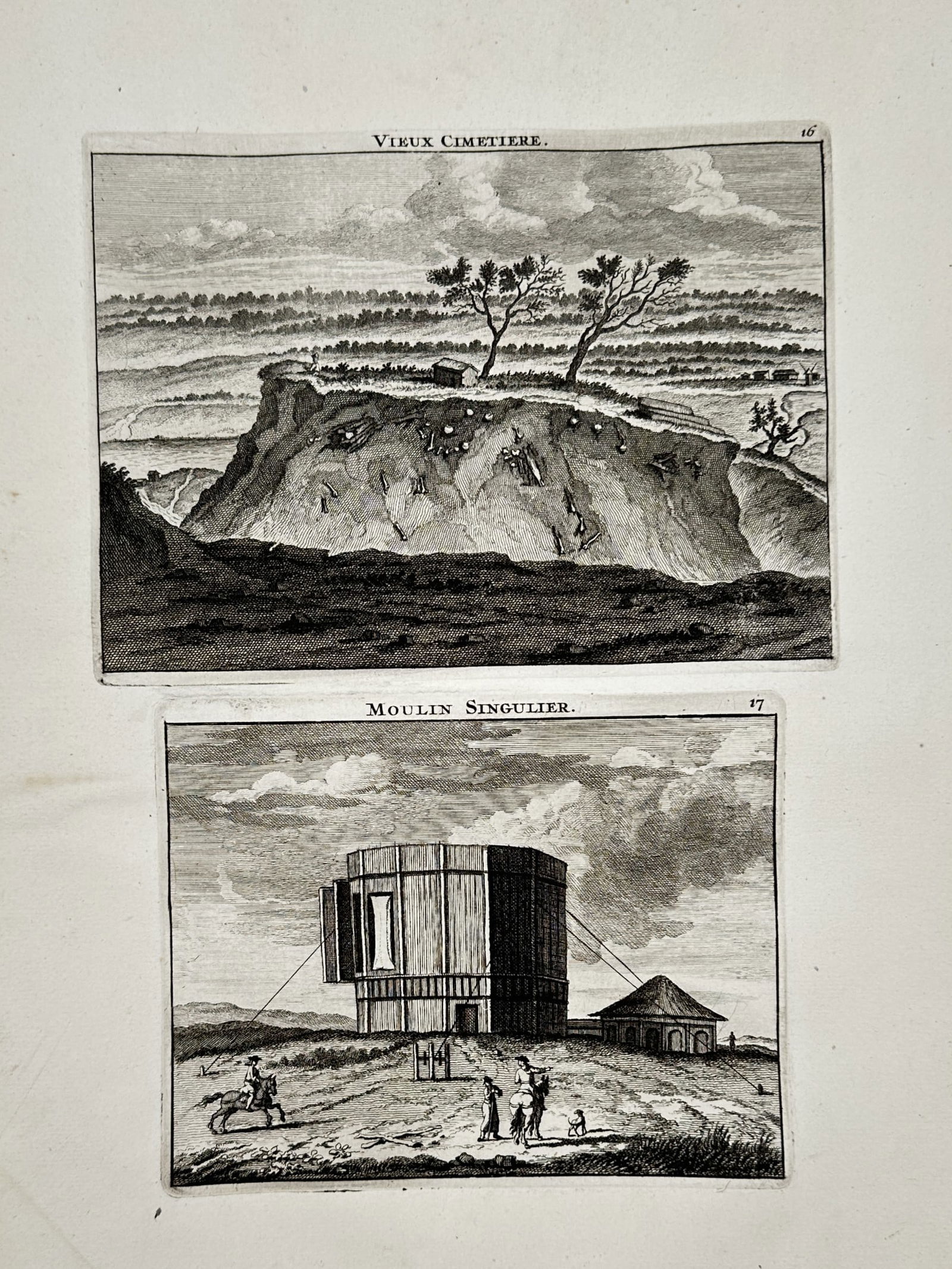 Jacques Nicolas Bellin (1703-1772) – Vieux Cimetiere and Moulin Singulier – Engraving (1746): "Vieux Cimetiere" and "Moulin Singulier" illustrate a landscape with an ancient cemetery on a cliffside and a unique circular mill structure with figures and a horseman in the foreground. This engravi