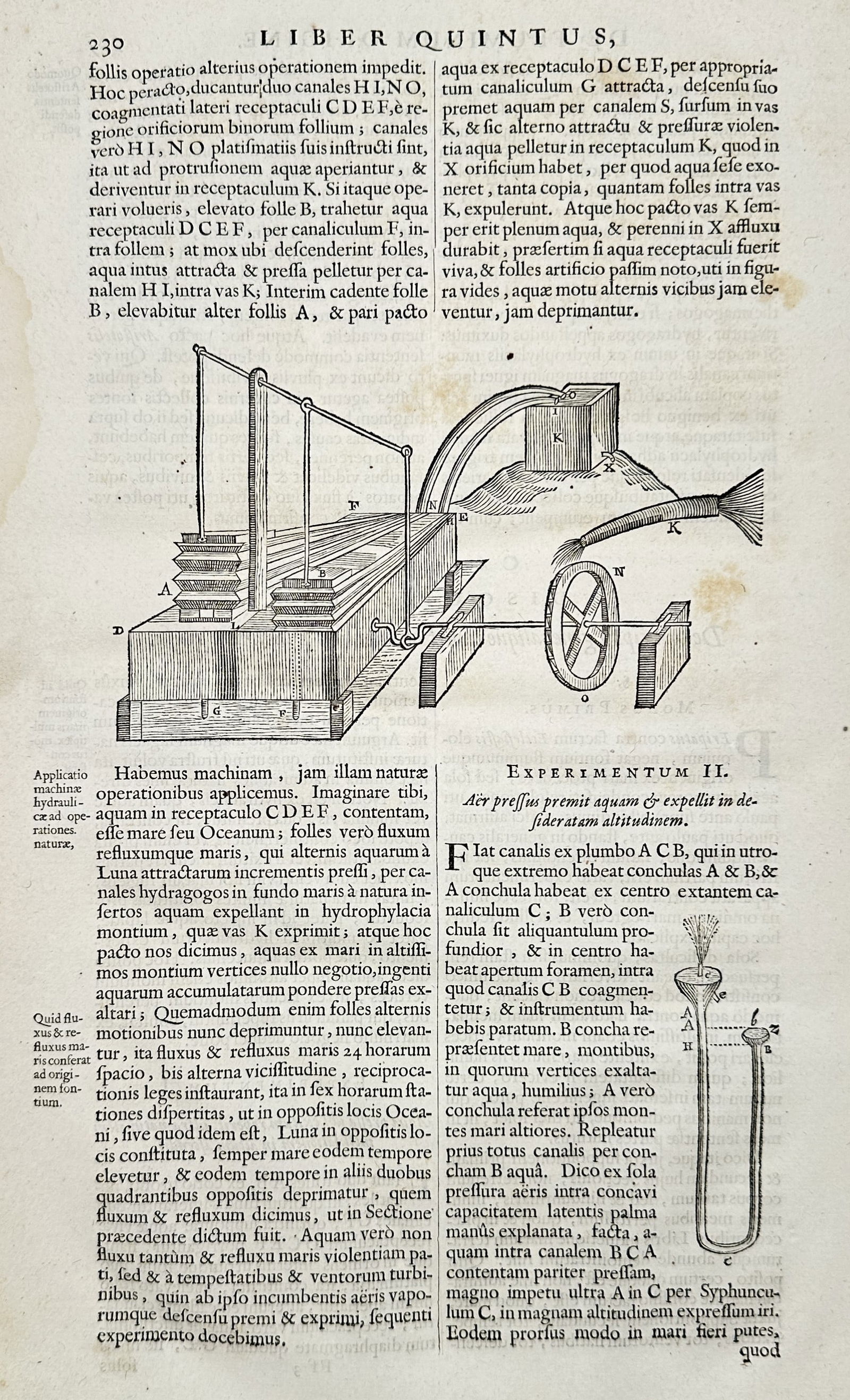 Athanasius Kircher (1602-1680) – Hydraulic Machines and Pneumatic Experiments – Engraving: "Liber Quintus" features technical engravings of complex mechanical systems, including a dual-bellows hydraulic pump and a pneumatic experiment demonstrating the pressure of air on water. This page is