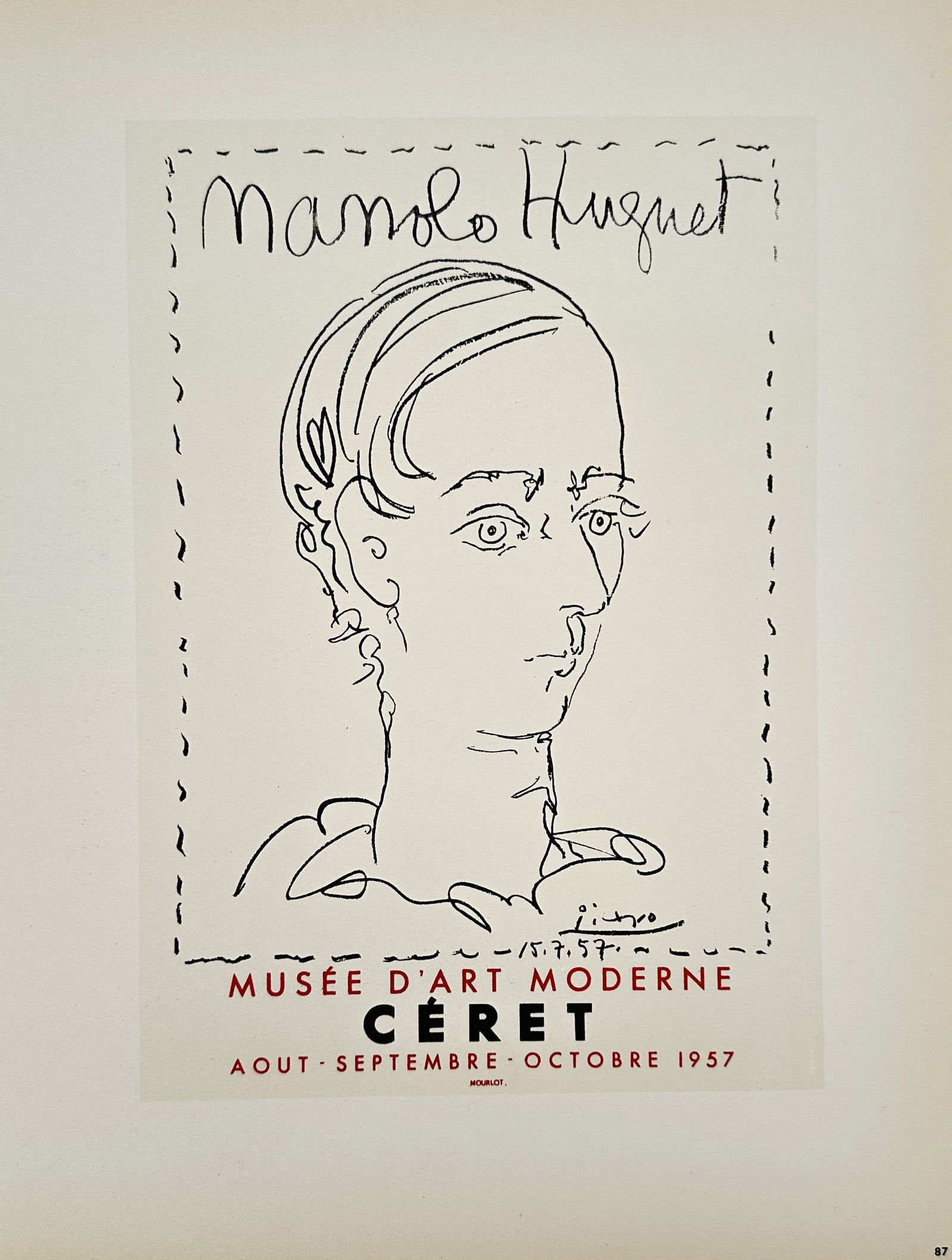 Pablo Picasso (1881-1973), after – Manolo Huguet – Lithograph (1959): "Manolo Huguet" is a lithographic poster designed for an exhibition at the Musee d Art Moderne in Ceret, featuring a minimalist line drawing of a face. This print was published by Mourlot Freres in th