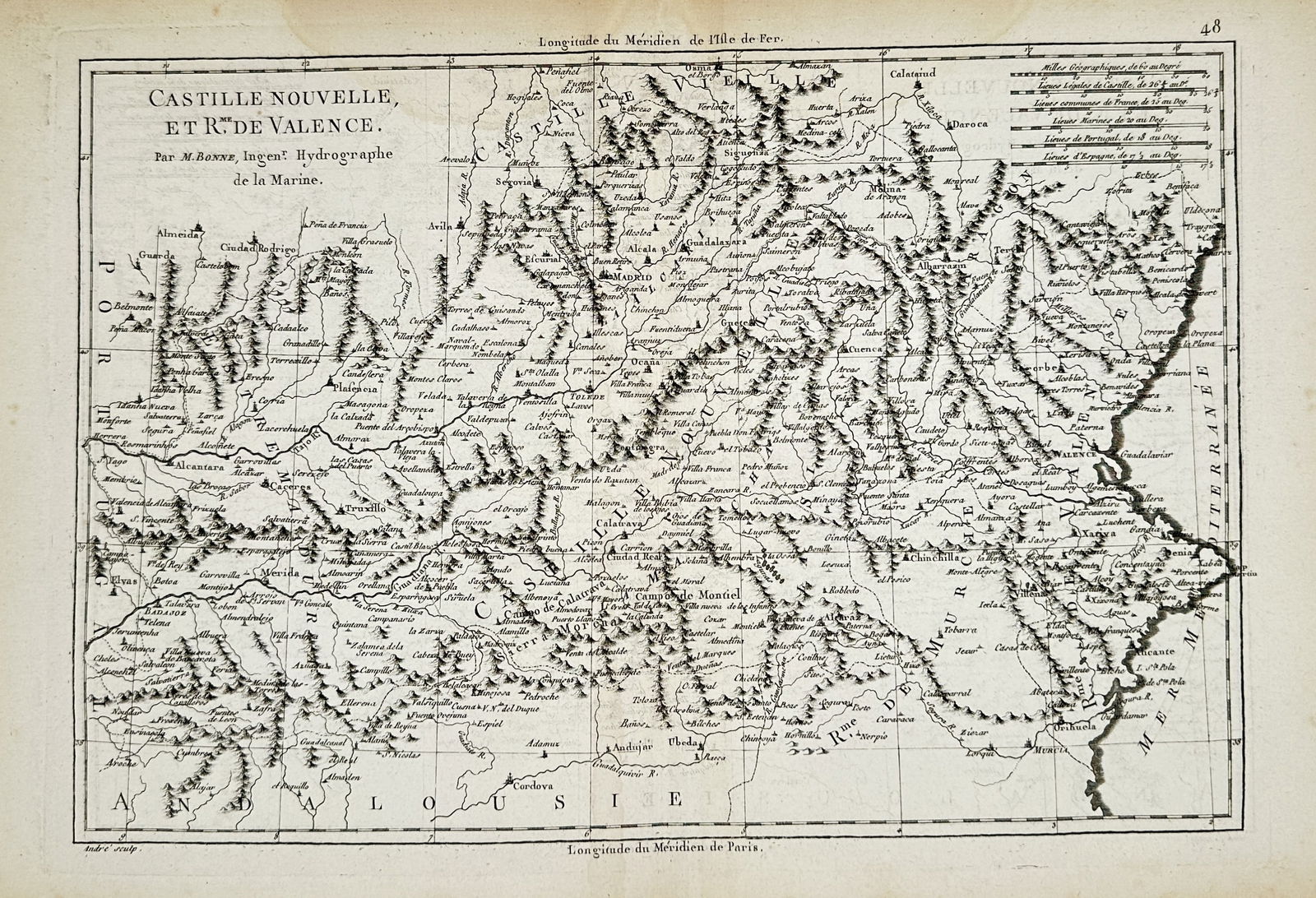 Rigobert Bonne – Map of New Castile and the Kingdom of Valencia – Spain – Engraving (1780): "Castille Nouvelle, et Re. de Valence" provides a detailed geographic overview of central and eastern Spain, encompassing the administrative regions of Madrid, Cuenca, Toledo, and the Mediterranean co