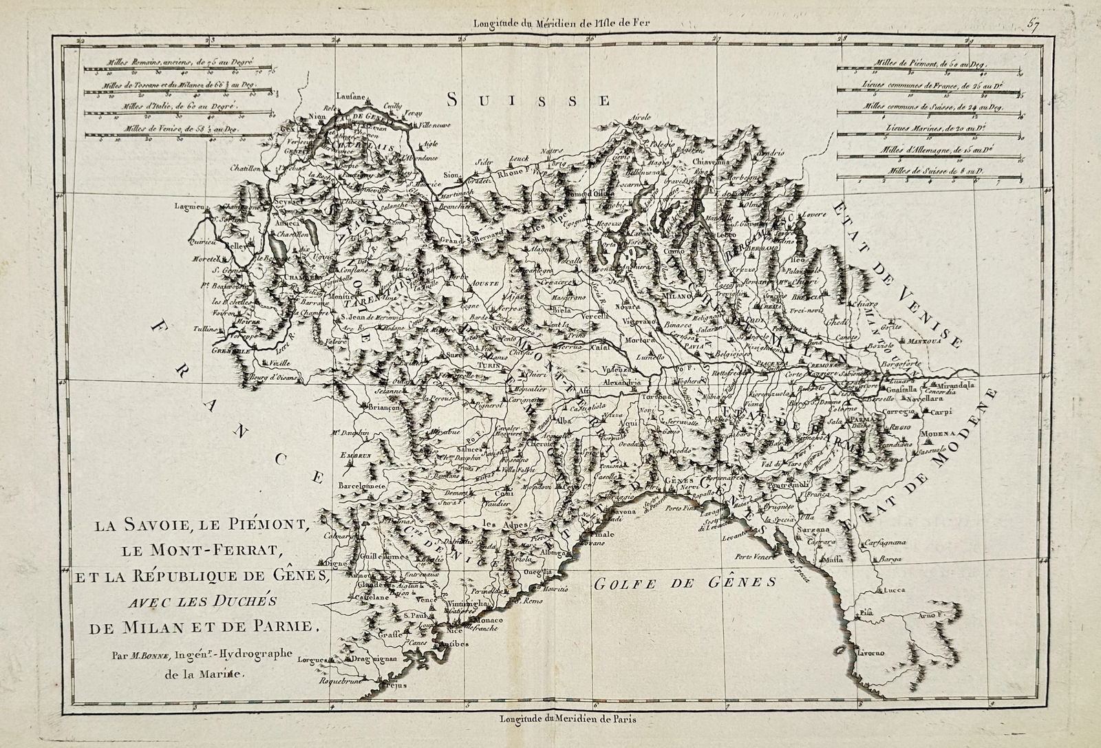 Rigobert Bonne (1727-1794) – Map of Savoy, Piedmont, Genoa, Milan, and Parma – Italy – (1 of 2)