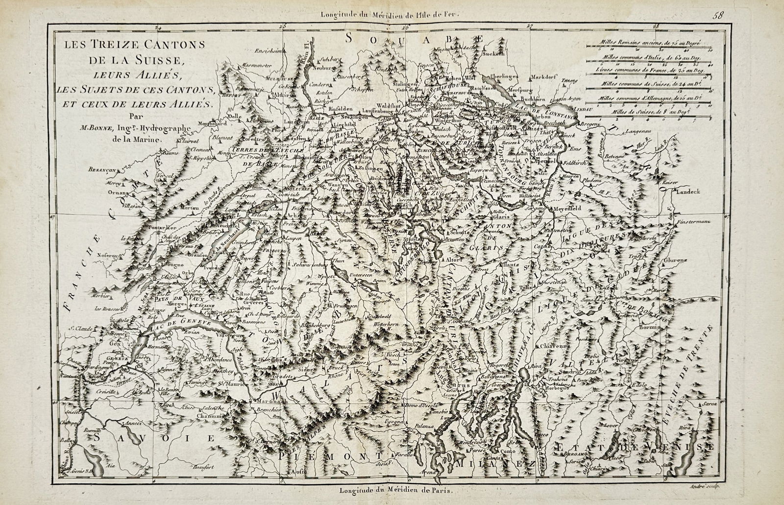 Rigobert Bonne – Map of the Thirteen Cantons of Switzerland – Engraving (1780): "Les Treize Cantons de la Suisse, leurs Alliés, les Sujets de ces Cantons, et ceux de leurs Alliés" provides a detailed geographic overview of the Swiss Confederacy in the late eighteenth century, s