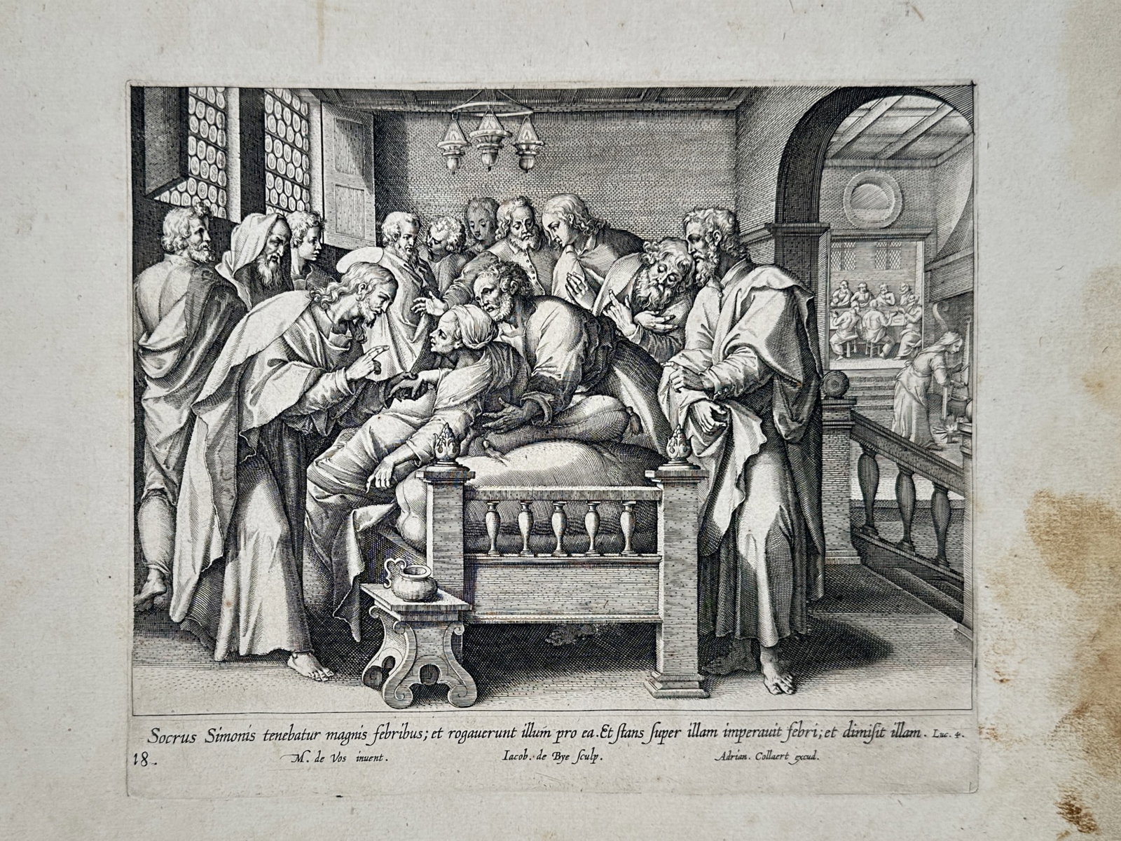 Adriaen Collaert (ca. 1560–1618) – The Healing of Simon Peter's Mother-in-Law – Engraving (ca.: Socrus Simonis tenebatur magnis febribus is a narrative engraving depicting Jesus Christ performing a healing miracle for the mother-in-law of Simon Peter, who is shown resting in a bed surrounded by