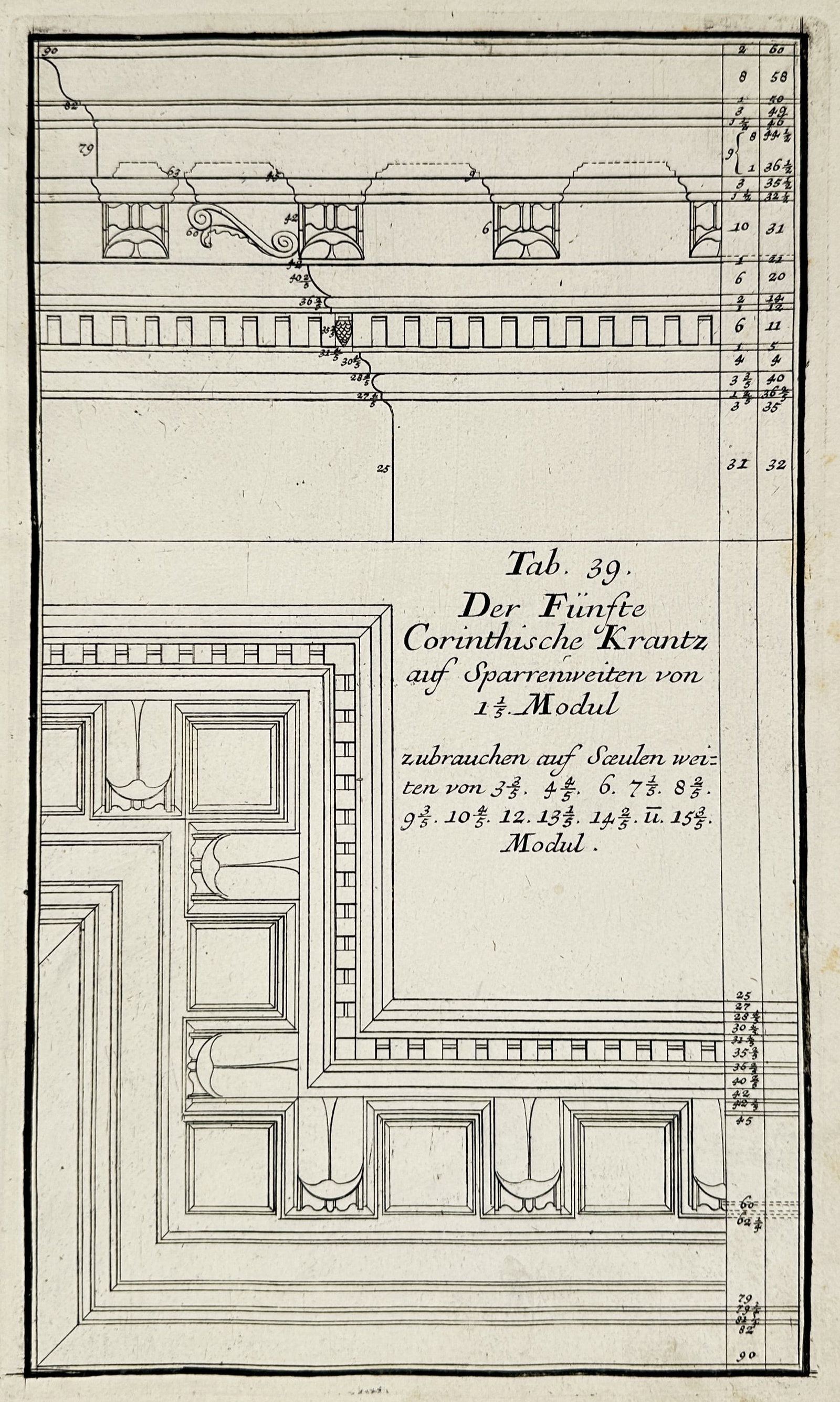 Nikolaus Goldmann – Architectural Study of the Corinthian Cornice and Coffered Ceiling –: "Der Fünfte Corinthische Krantz." This seventeenth-century engraving presents a technical analysis of the Corinthian order, detailing the proportions of the cornice and a corresponding coffered ceili