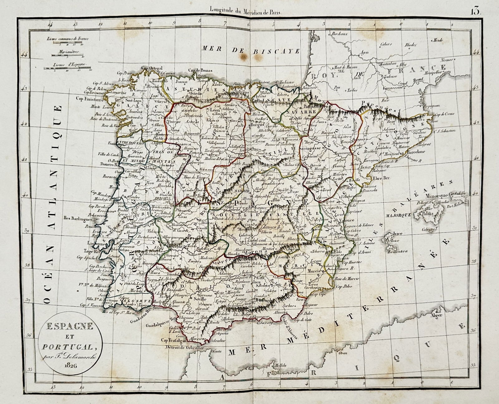 Felix Delamarche – Map of Spain and Portugal – Iberian Peninsula: "Espagne et Portugal." This hand-coloured copper engraving depicts the Iberian Peninsula, detailing the kingdom of Spain and the kingdom of Portugal during the early nineteenth century. The map featur