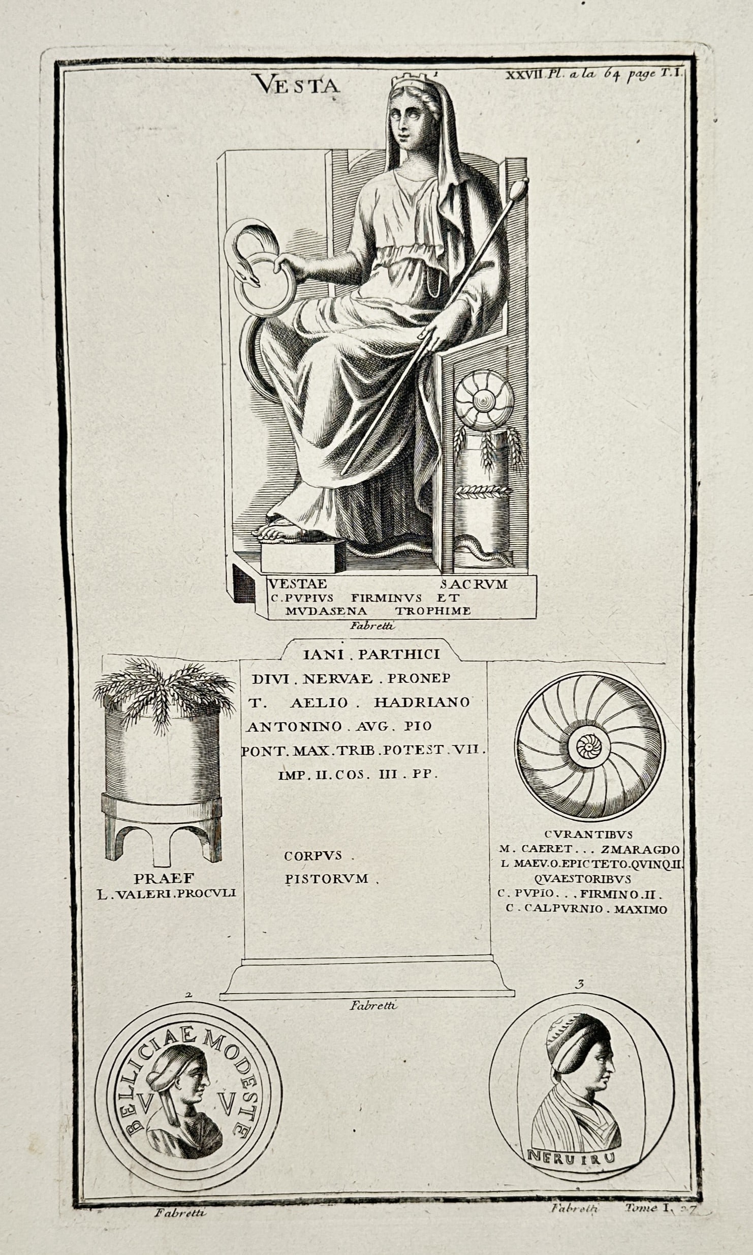 Bernard de Montfaucon – Studies of Vesta and Roman Inscriptions – Engraving (1719): "Vesta." This eighteenth-century engraving illustrates several classical artifacts related to the Roman goddess of the hearth and various civic inscriptions. The upper portion features a seated figure