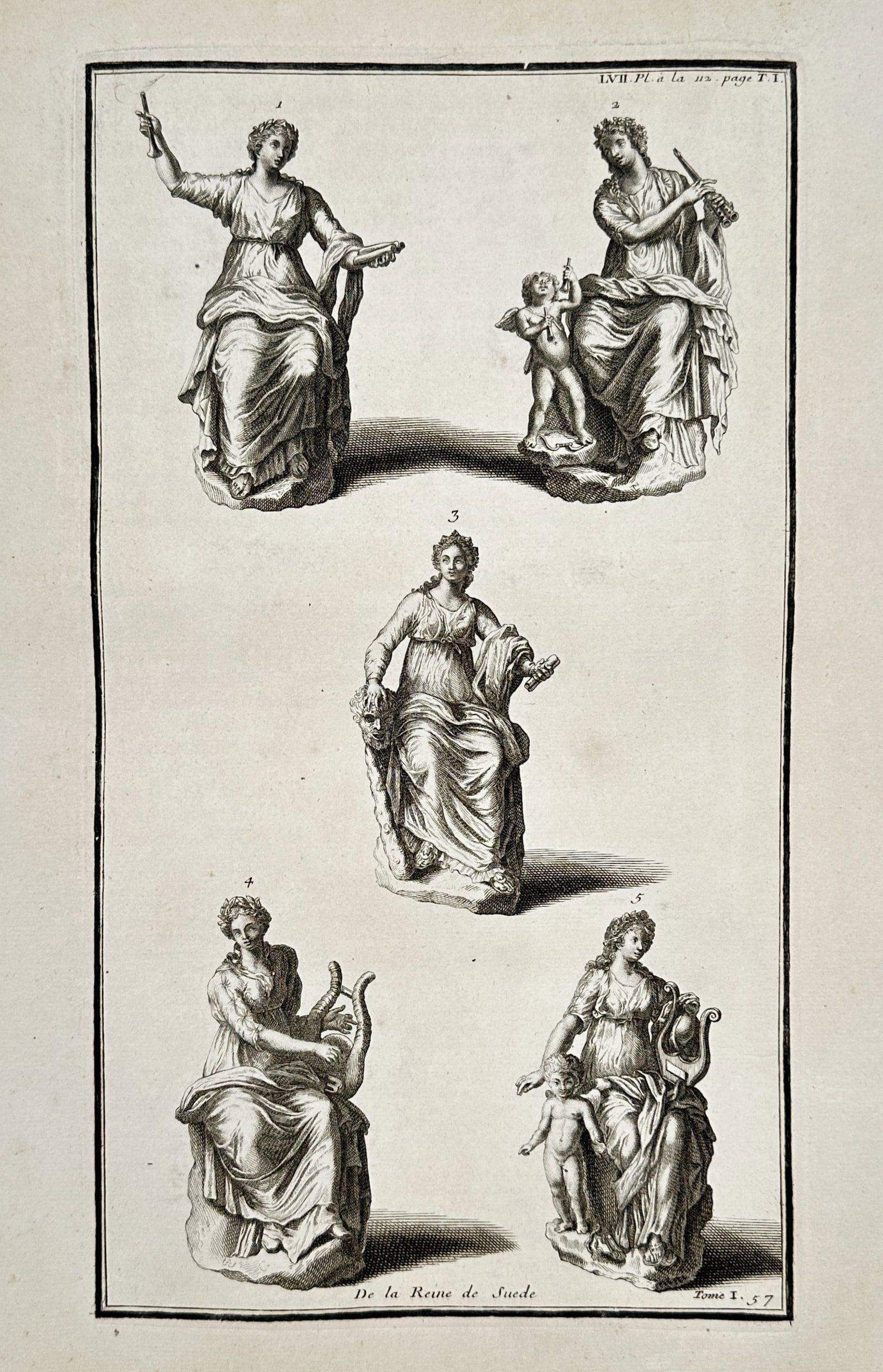 Bernard de Montfaucon – Studies of Five Classical Female Statues – Engraving (1719): "De la Reine de Suede." This eighteenth-century engraving illustrates five classical female figures in seated poses, based on ancient sculptures from the collection of Queen Christina of Sweden. The f