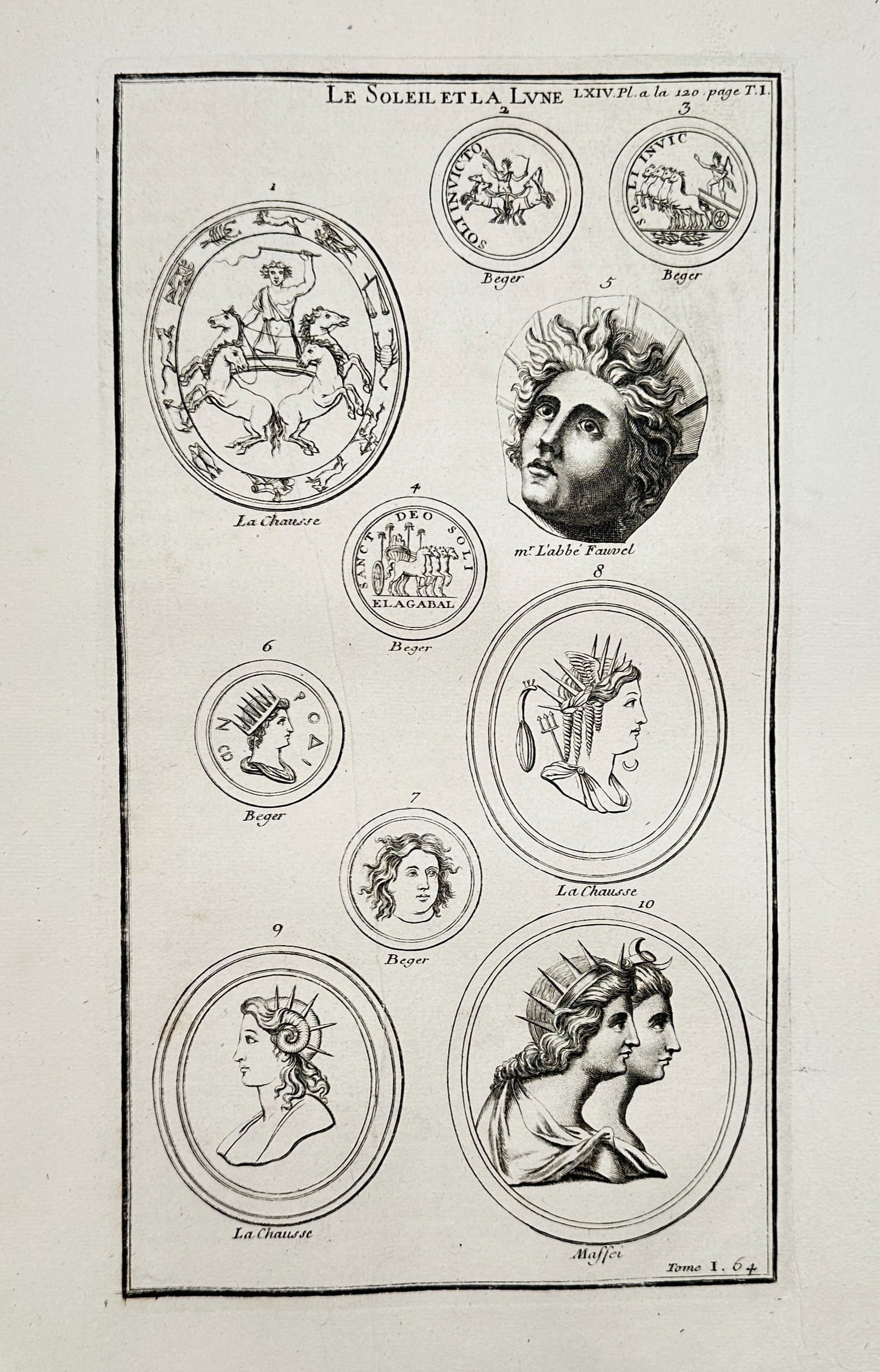 Bernard de Montfaucon – Studies of the Sun and Moon from Ancient Gems and Medals – Engraving: "Le Soleil et la Lune." This eighteenth-century engraving provides a comprehensive study of classical celestial personifications, specifically the deities Sol (the Sun) and Luna (the Moon). The plate