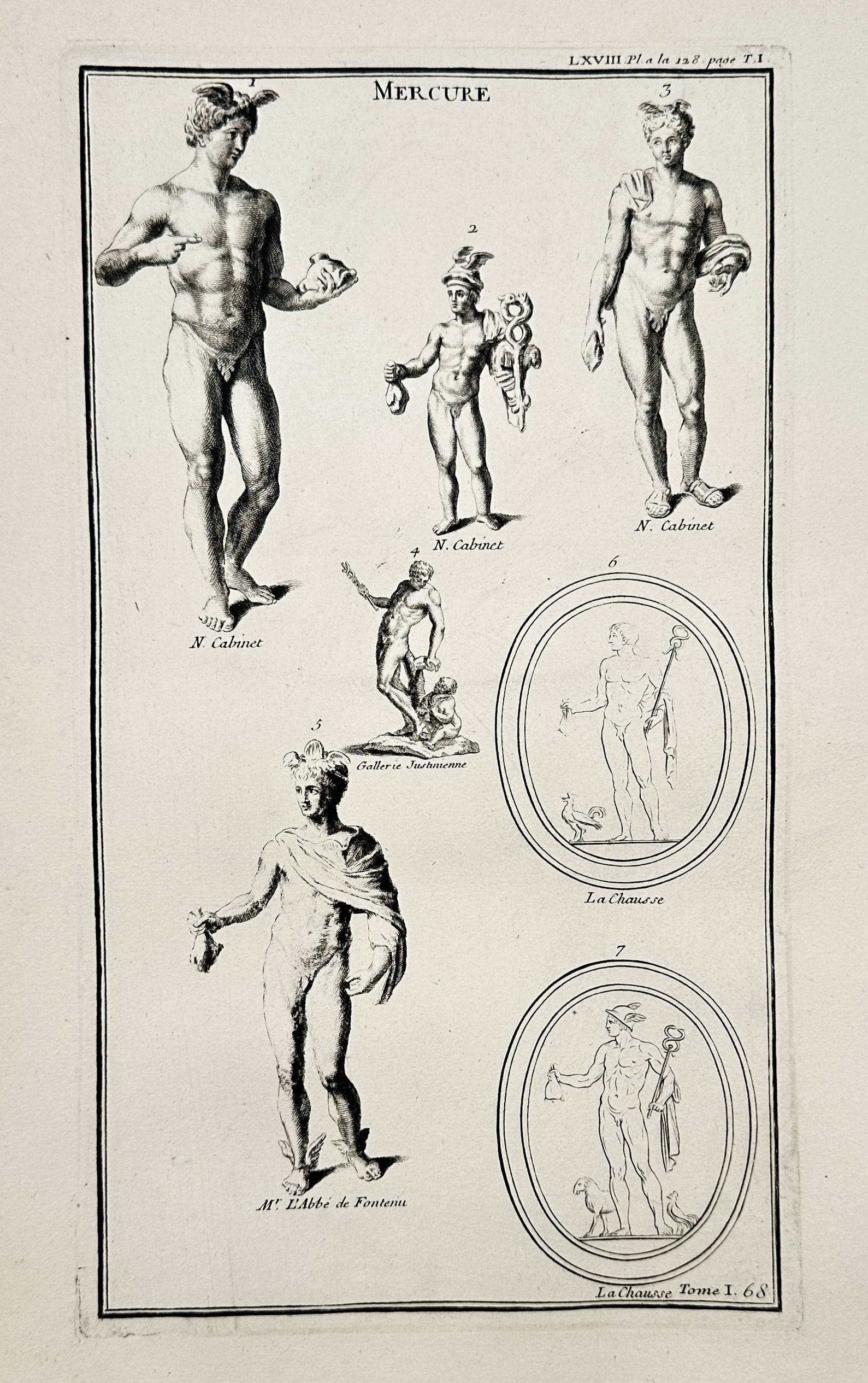 Bernard de Montfaucon – Studies of Mercury from Ancient Bronze and Marble Sculptures – Engraving: "Mercure." This eighteenth-century engraving illustrates seven distinct classical representations of the messenger god Mercury, focusing on small-scale bronze and marble sculptures from prominent Euro