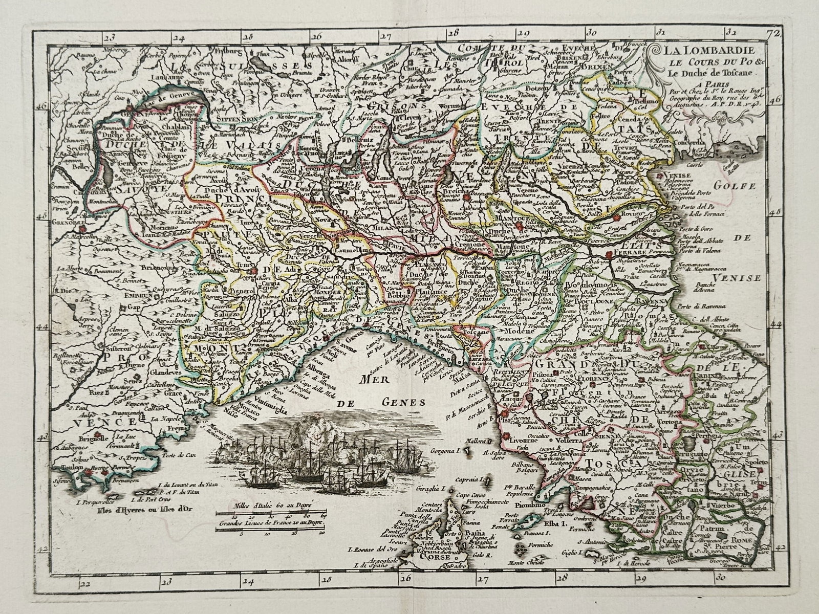 Georges-Louis Le Rouge – Map of Lombardy and Northern Italy – Italy – Hand-coloured engraving: "La Lombardie, le Cours du Po & le Duché de Toscane" depicts northern and central Italy, showing the course of the Po River and the political boundaries of various states including the Republic of Ge