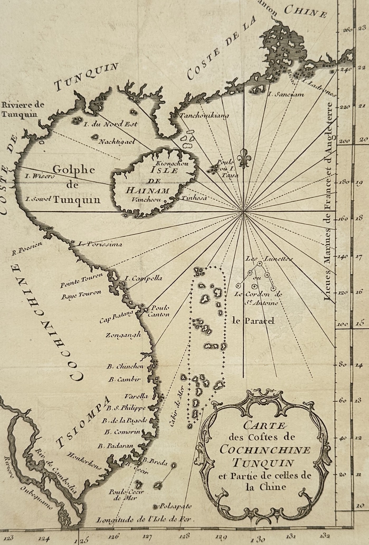 Jacques-Nicolas Bellin – Map of the Coasts of Cochinchina, Tunquin, and Part of China: "Carte des Costes de Cochinchine Tunquin et Partie de celles de la Chine" presents a detailed maritime chart of the coastal regions of Southeast Asia, including the Gulf of Tonkin, the island of Haina
