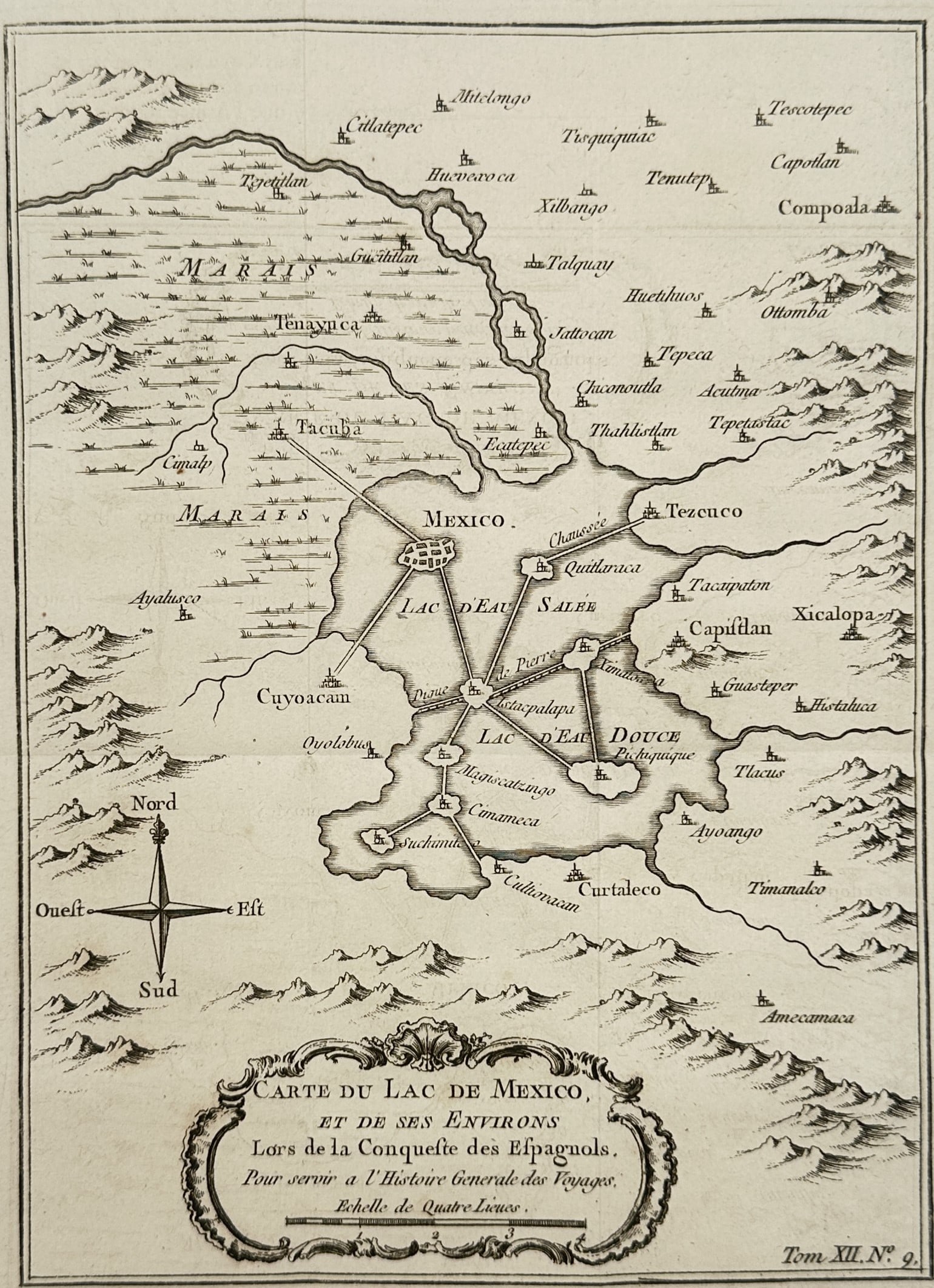 Jacques-Nicolas Bellin – Map of the Lake of Mexico and its Environs – Mexico – Engraving: "Carte du Lac de Mexico et de ses Environs lors de la Conquète des Espagnols" provides a historical topographical view of the Valley of Mexico as it appeared during the Spanish Conquest, illustrating