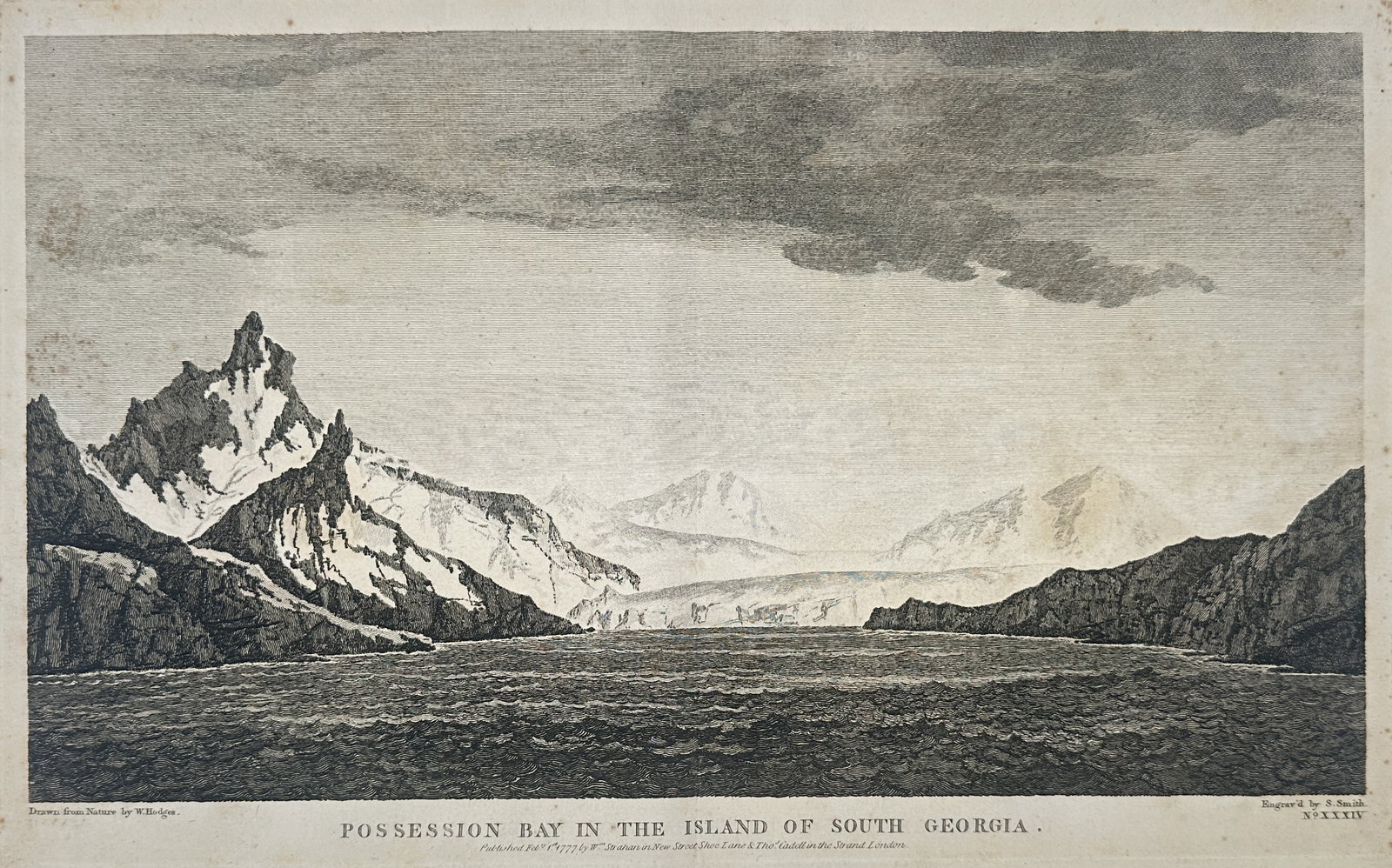 William Hodges – View of Possession Bay in the Island of South Georgia – South Georgia: "Possession Bay in the Island of South Georgia" depicts a rugged coastal landscape featuring dramatic snow-capped peaks and glaciers bordering a dark, turbulent sea under an expansive, cloudy sky. Thi