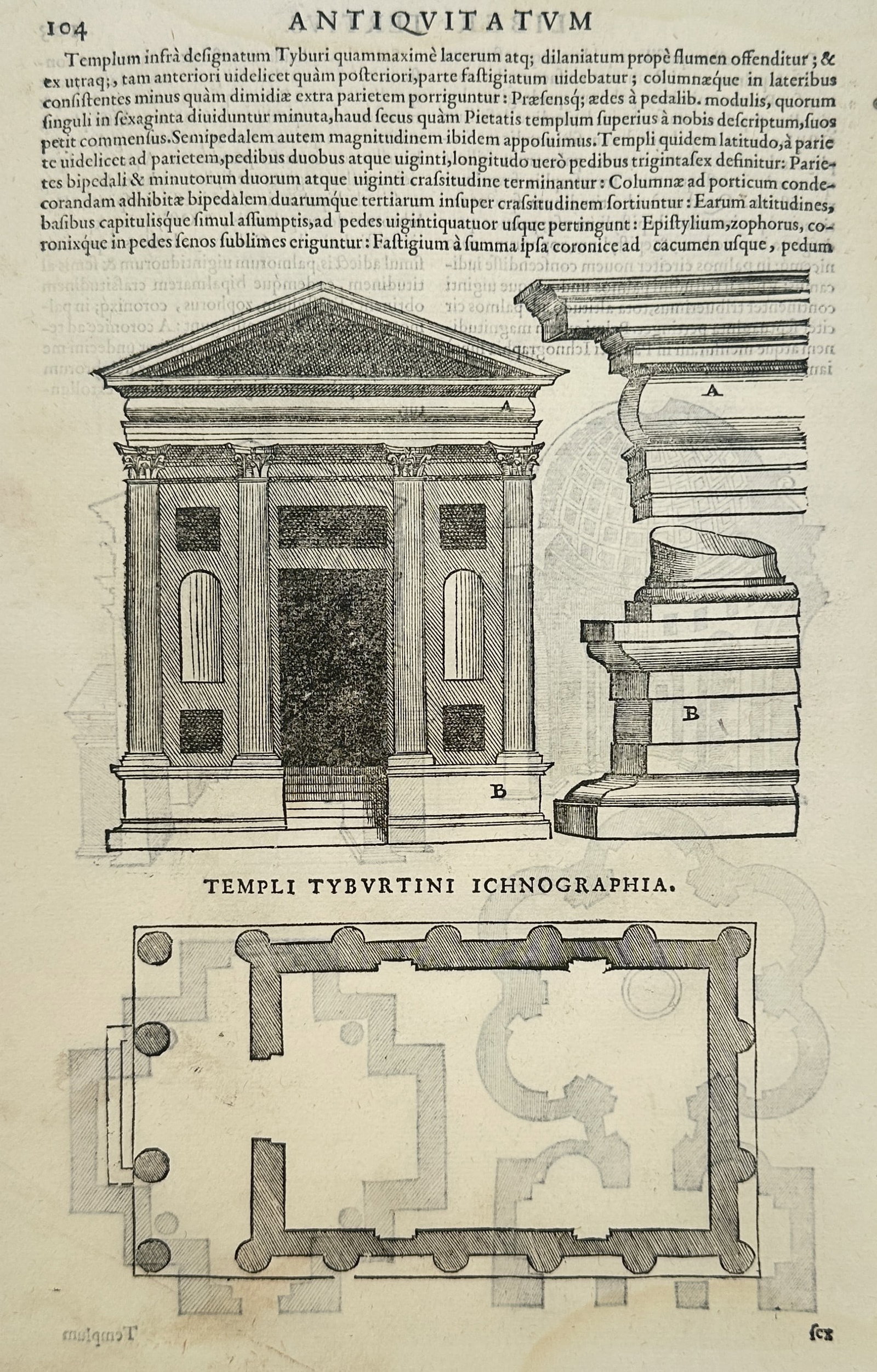 Sebastiano Serlio (1475–1554) – View of the Temple of Vesta at Tivoli – Engraving (1566): "Templi Tybvrtini Ichnographia" presents an architectural study of the Temple of Vesta in Tivoli, featuring an elevation of the facade, a detailed profile of the entablature and base, and a floor plan
