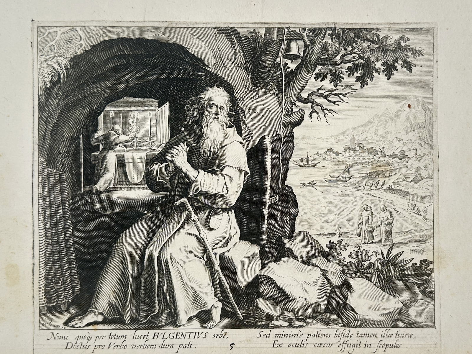 Maarten de Vos (1532–1603) – View of Saint Fulgentius in the Wilderness – Engraving (1594) (1 of 2)