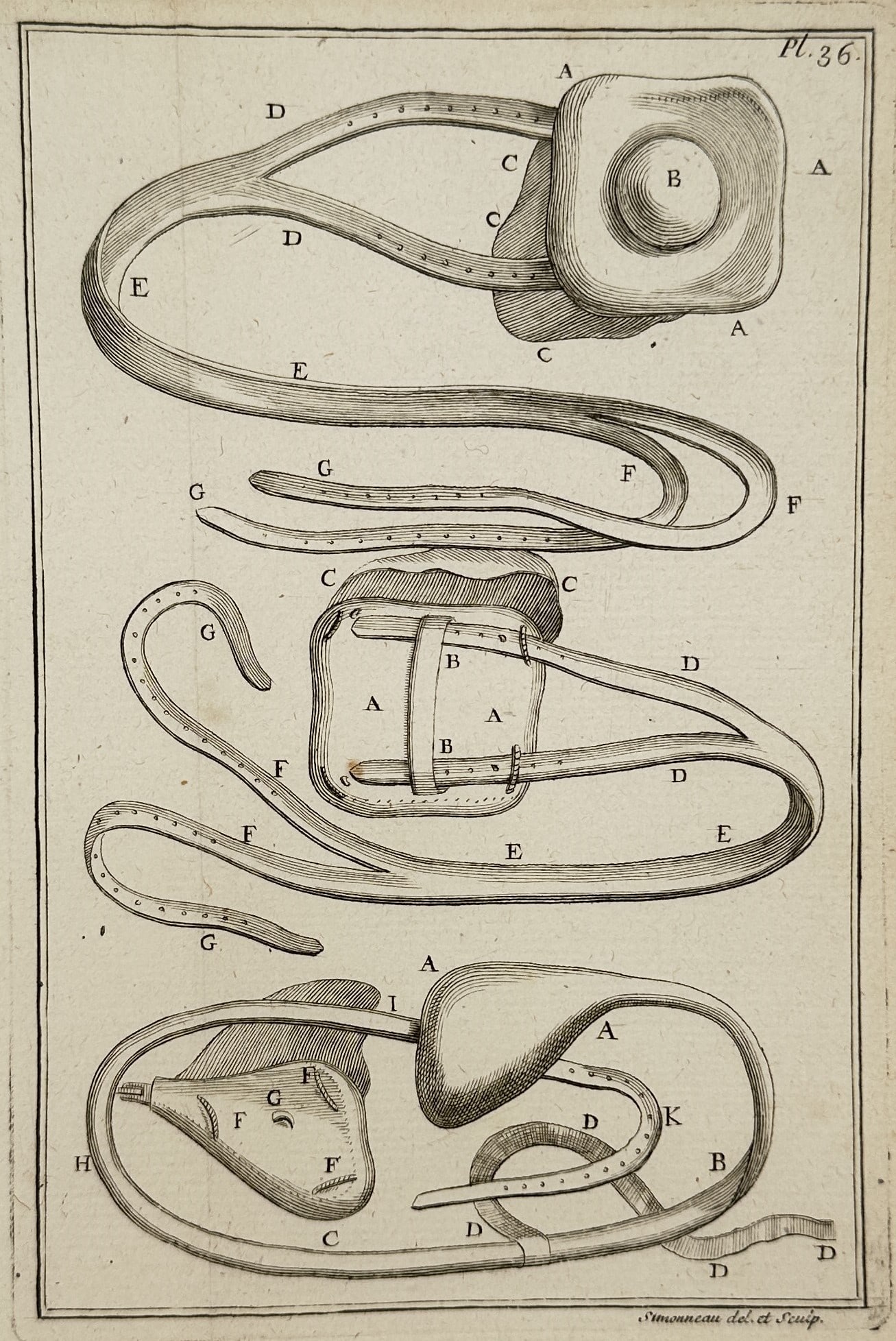 Denis Diderot (1713–1784) – View of Medical Trusses – Engraving (1762): "Chirurgie" illustrates various designs of surgical trusses and supportive bandages used in the eighteenth century for the treatment and containment of hernias. The engraving shows different models of