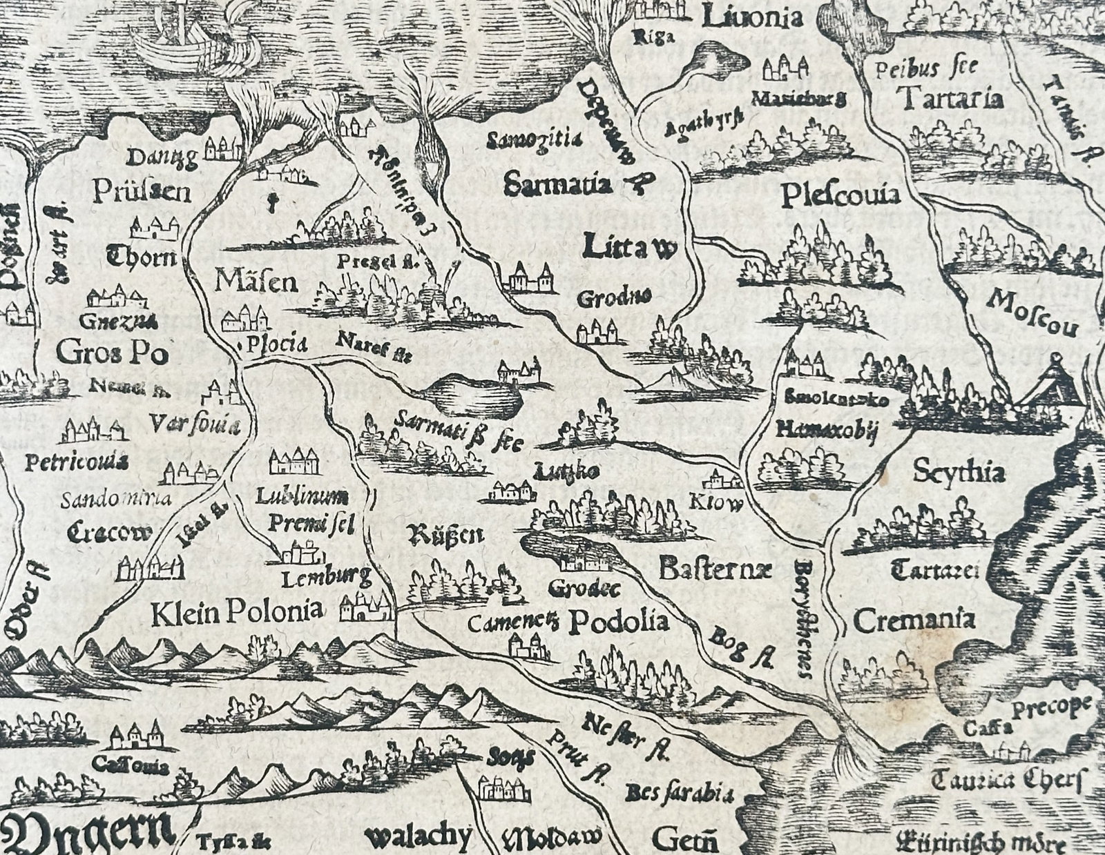 Sebastian Munster (1488–1552) – Map of the Kingdom of Poland and Sarmatia – Poland – Woodcut (1 of 3)