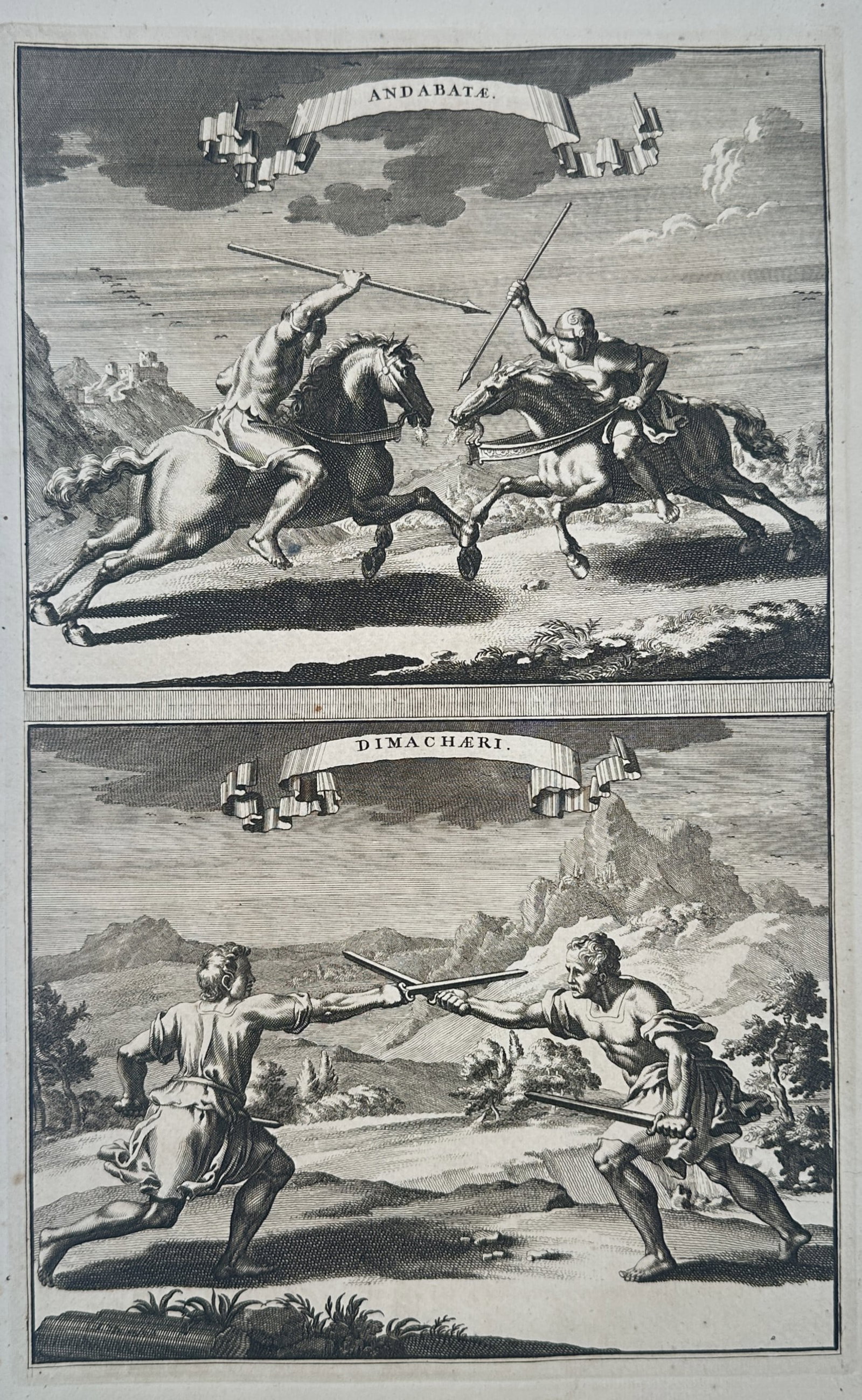 Jan Goeree (1670–1731) – View of Roman Gladiators: Andabatae and Dimachaeri – Engraving: "Andabatae; Dimachaeri" presents two separate illustrations of Roman gladiatorial combat types. The top scene shows the Andabatae, gladiator types who traditionally fought on horseback with closed hel