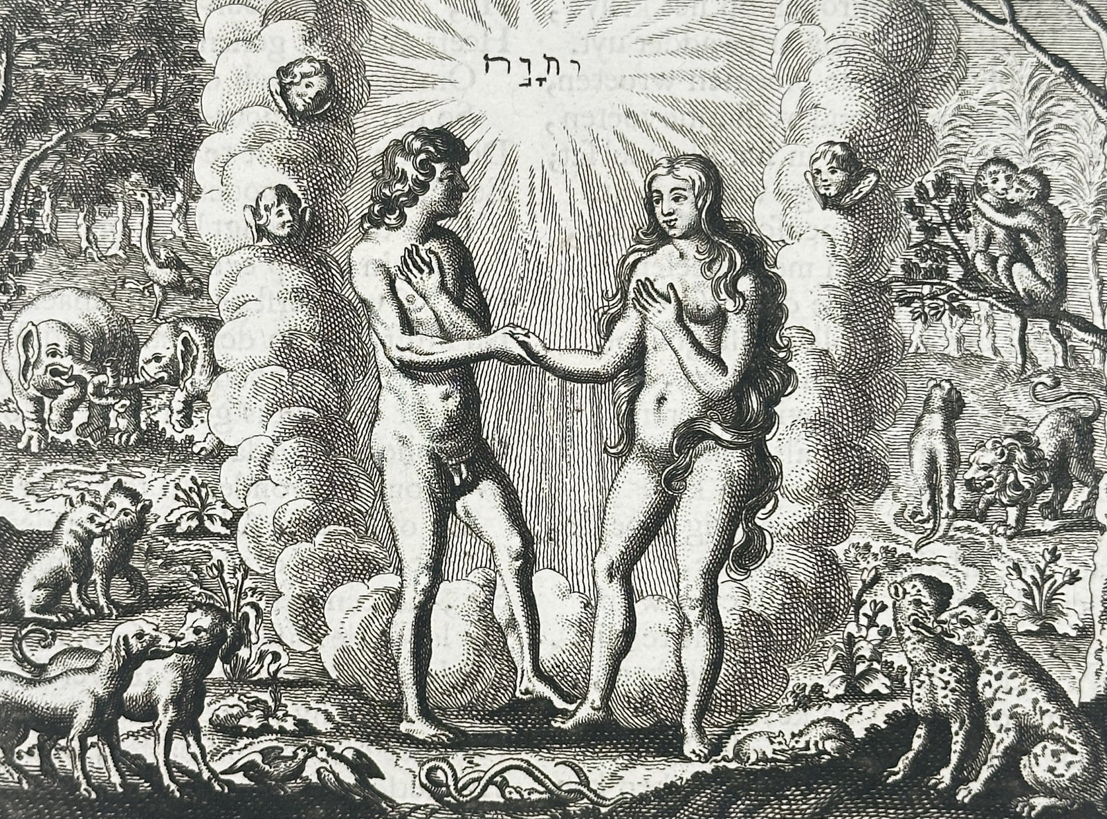 Jacob Cats (1577–1660) – View of the Marriage of Adam and Eve – Engraving and letterpress: "Gronthouwelick, dat is: Beschrijvinge van d'eerste Bruyloft, gehouden in den Paradijse" features a centralized engraving of Adam and Eve being joined in marriage by a divine presence in the Garden of
