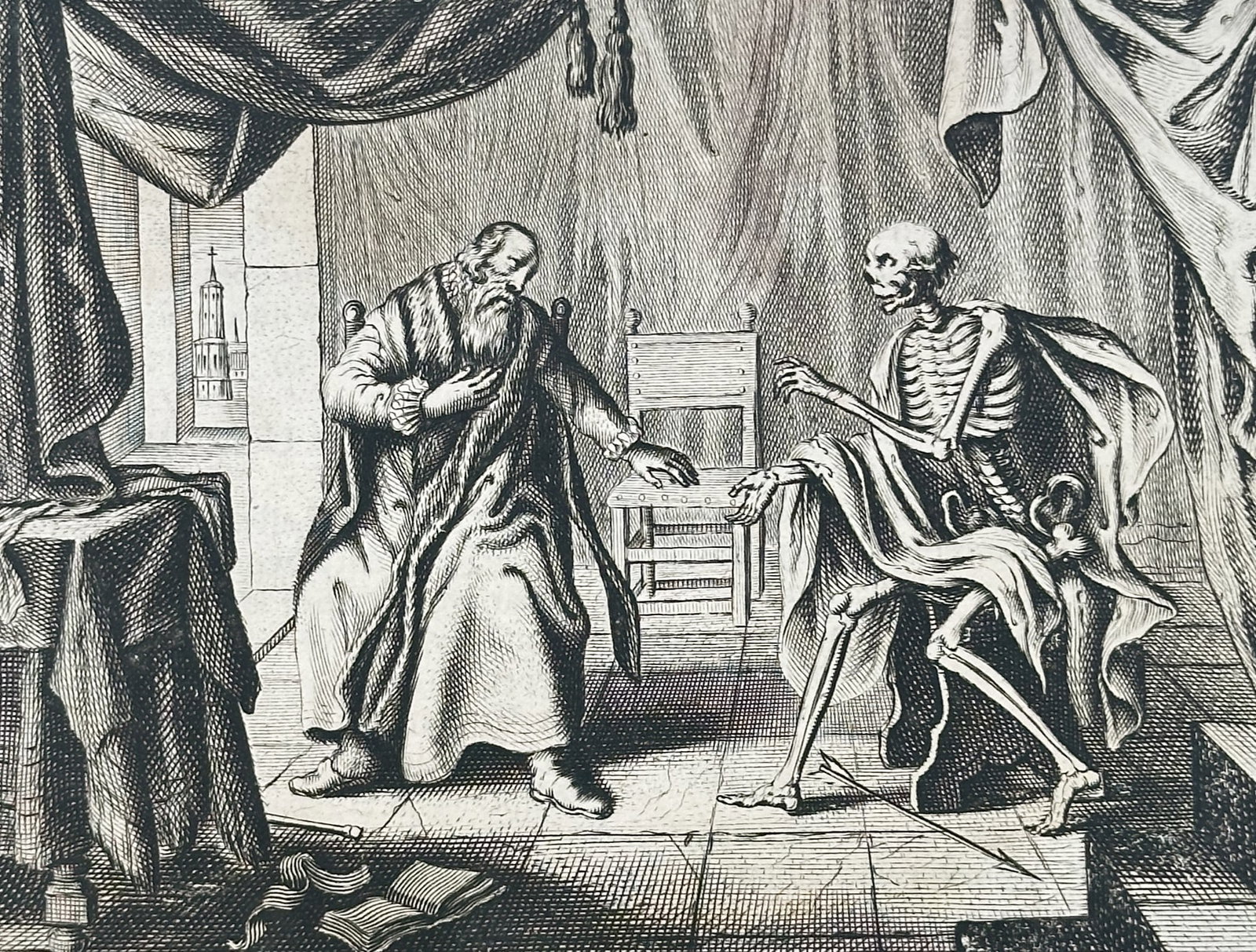 Adriaen van de Venne (1589–1662) – View of a Conversation with Death – Engraving: "Samen-spraack" features a centralized engraving of a seated woman engaged in a dialogue with a skeletal personification of Death, who holds a scythe and an hourglass. The scene is set within a page o