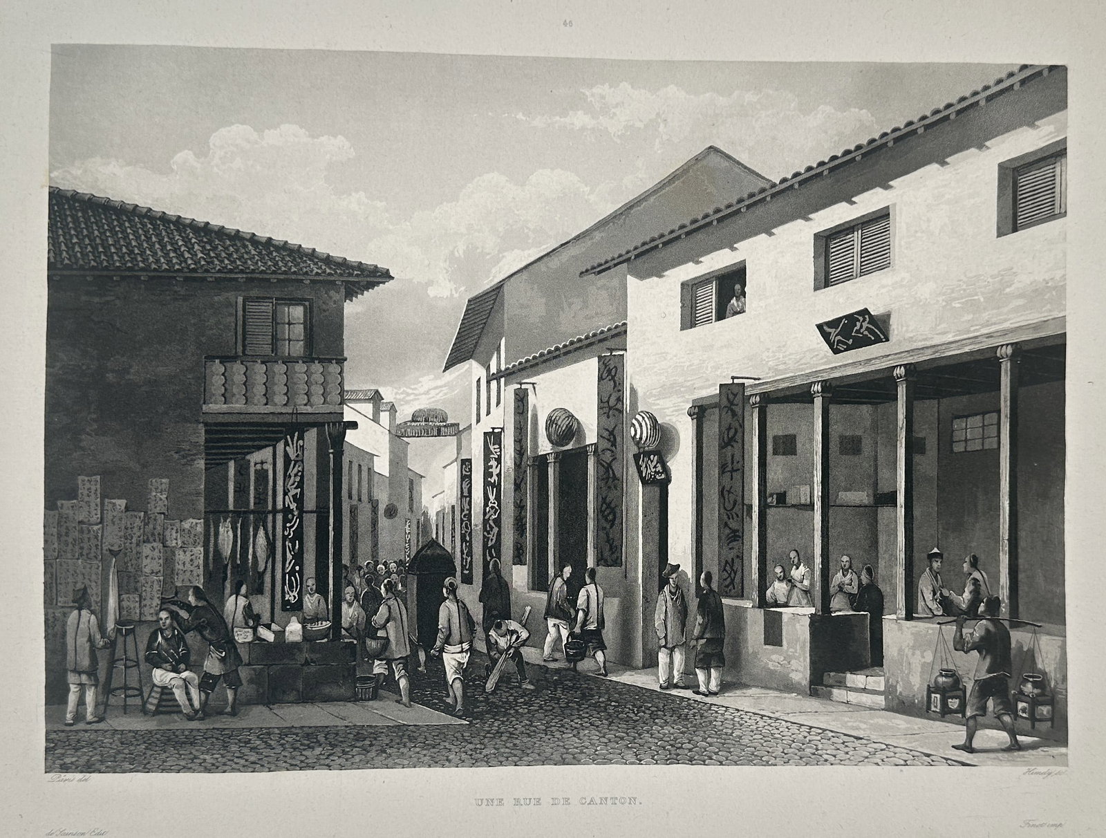Barthélémy Lauvergne (1805–1871) – View of a Street in Canton – China – Lithograph (1835): "Une Rue en Canton" illustrates a bustling street scene in 19th-century Guangzhou (Canton), capturing the vibrant daily life and commercial activity of the city. The composition features traditional C