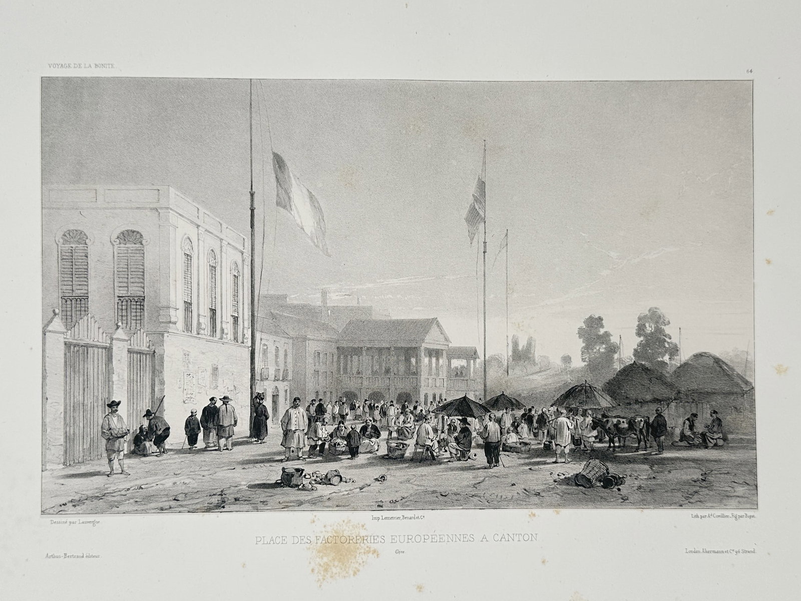 Barthélémy Lauvergne (1805–1871) – View of the European Factories Place in Canton: "Place des Factoreries Européennes a Canton" illustrates the open square fronting the Thirteen Factories, the restricted district where Western merchants were permitted to trade in Guangzhou (Canton)