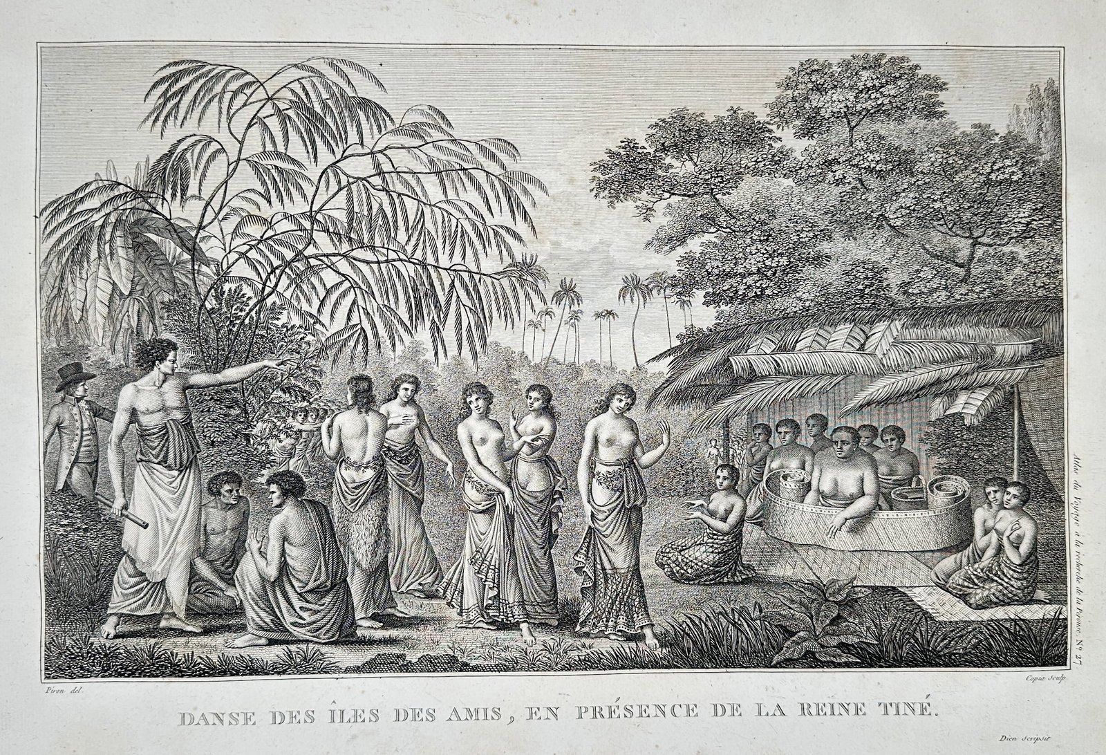 Jean Piron (1767–1799) – View of a Dance in the Friendly Islands – Engraving (1800): "Danse des iles des Amis, en présence de la reine Tiné" depicts a ceremonial dance performance by Tongan women in the presence of Queen Tiné and French explorers. The scene illustrates traditional 