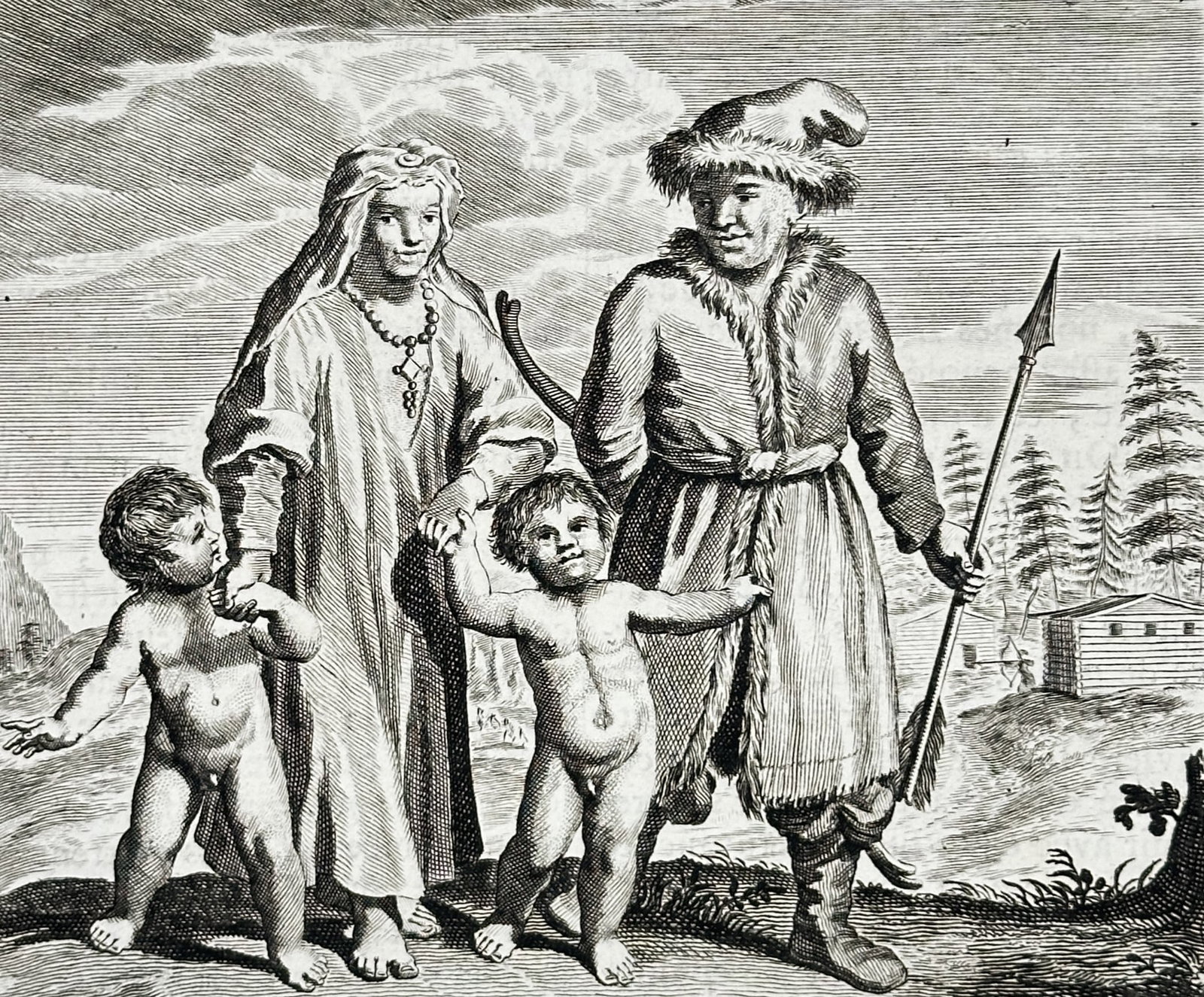 Cornelis de Bruyn (1652-1727) – Portrait of a Samoied Family – Russia – Engraving (1718): "Voyages de Corneille le Bruyn" depicts a family of the Samoied people, showing a man armed with a spear and bow alongside a woman and two young children in traditional Arctic dress. This engraving or