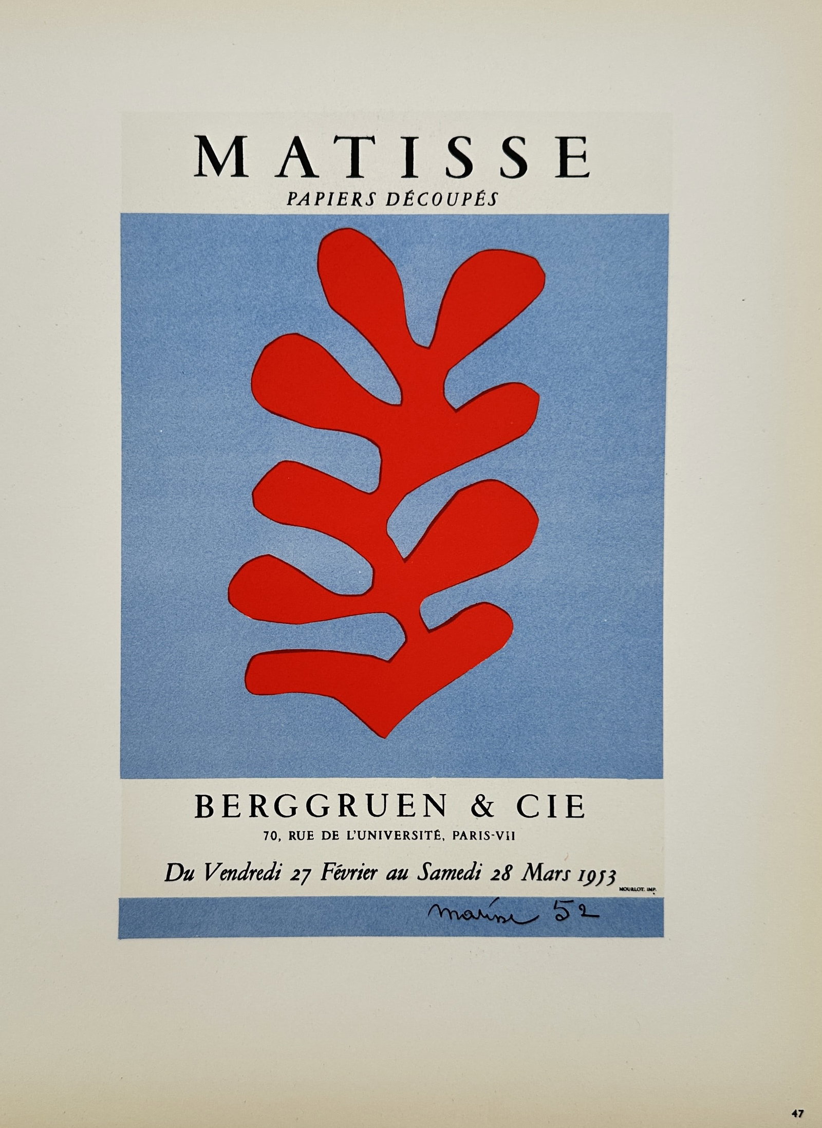Henri Matisse (1869–1954), after – Matisse Papiers Découpés – Berggruen & Cie – Lithograph: "Matisse Papiers Découpés" reproduces a vibrant red organic form set against a solid blue background, originally designed for an exhibition at the Berggruen & Cie gallery in Paris. This print was pu
