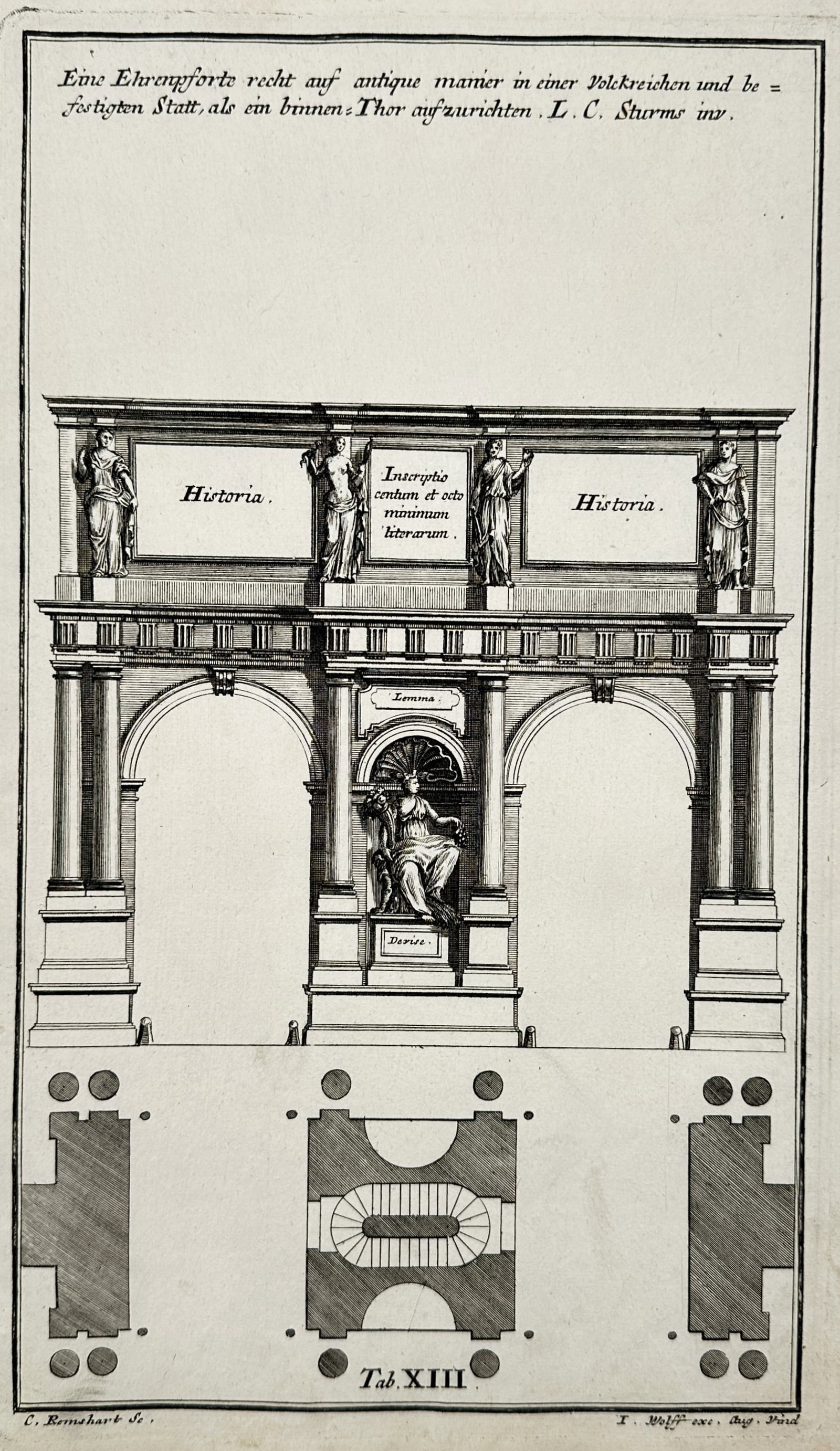 Leonhard Christoph Sturm (1669–1719) – Design for a Triumphal Arch in the Antique Manner: "Eine Ehrenpforte recht auf antique manier...". This architectural engraving presents a grand design for a triumphal arch (Ehrenpforte) intended for a populous fortified city. The elevation features a