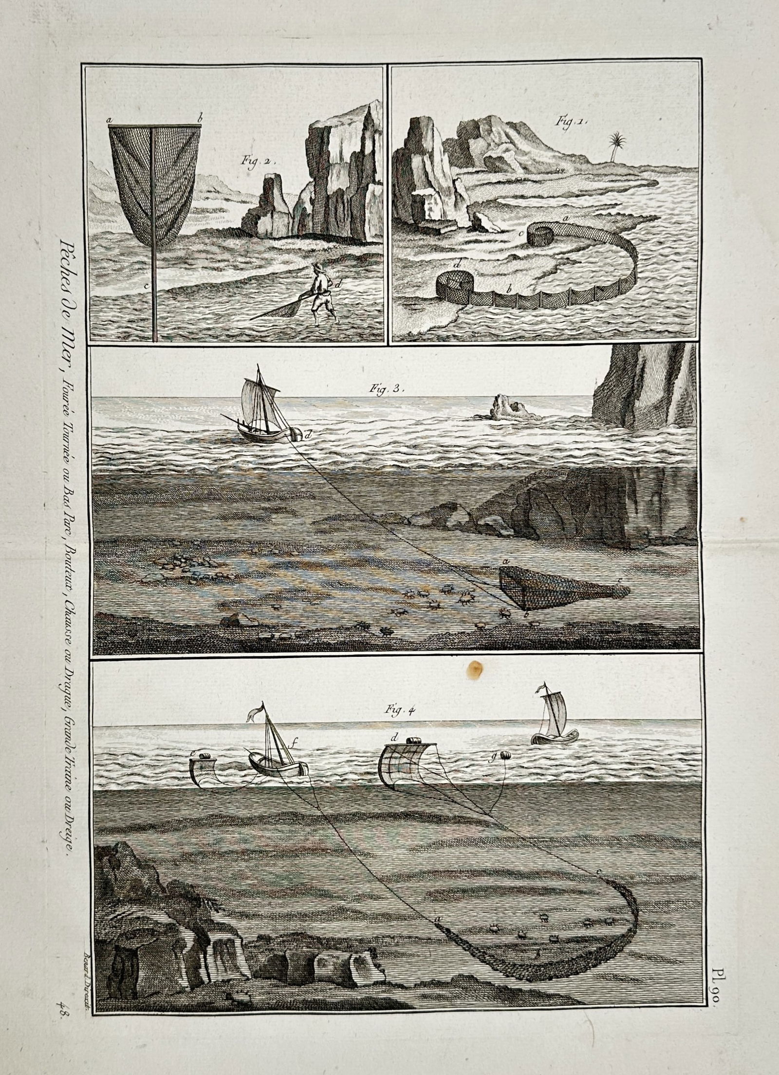 Robert Benard (1734–1777) – Marine Fishing: Dragging Nets, Dredging, and Boat-Towed Seine: "Pêches de Mer, Fourée Tournée ou Bas Parc, Bouteux, Chausse ou Drague, grande Traine ou Dreige". This large-format engraving documents several active fishing methods that involve moving or towing