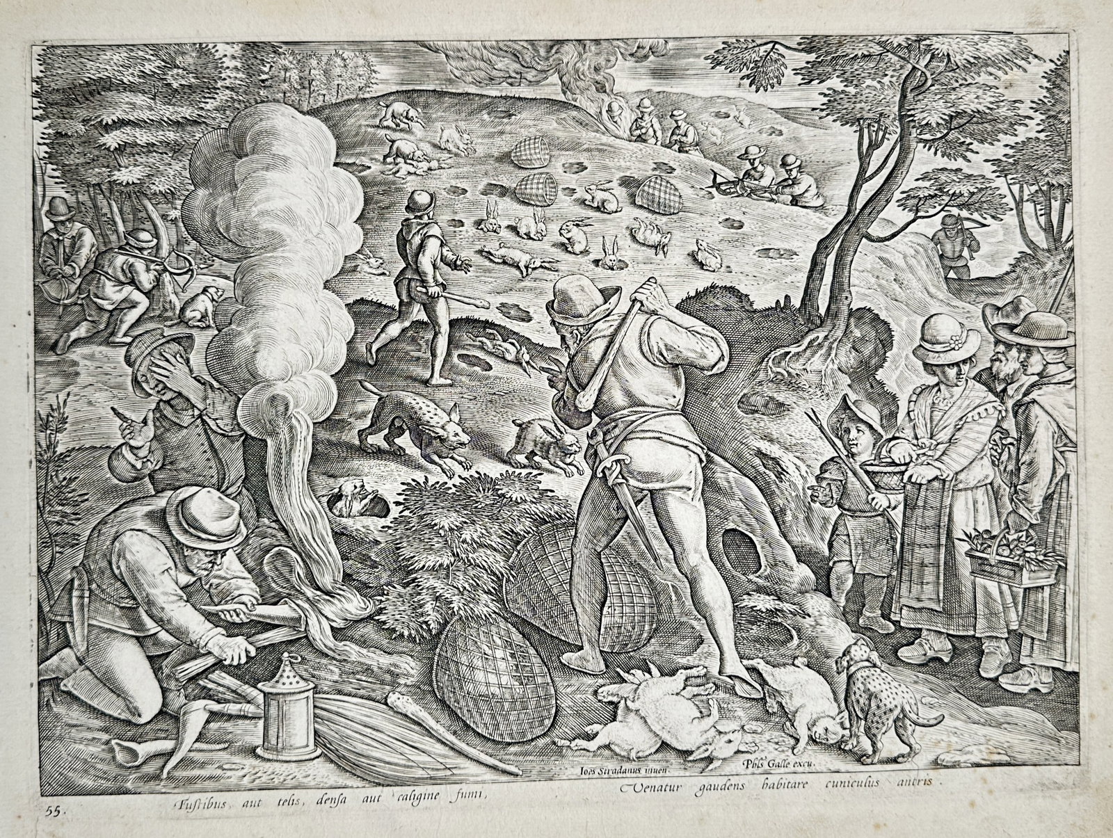 Johannes Stradanus (1523–1605) – Hunting Rabbits with Smoke and Ferrets – Engraving: "Fussibus aut telis, densa aut fuligine fumi". This late sixteenth-century engraving illustrates traditional methods for hunting rabbits in a rural landscape. The composition depicts hunters using a c