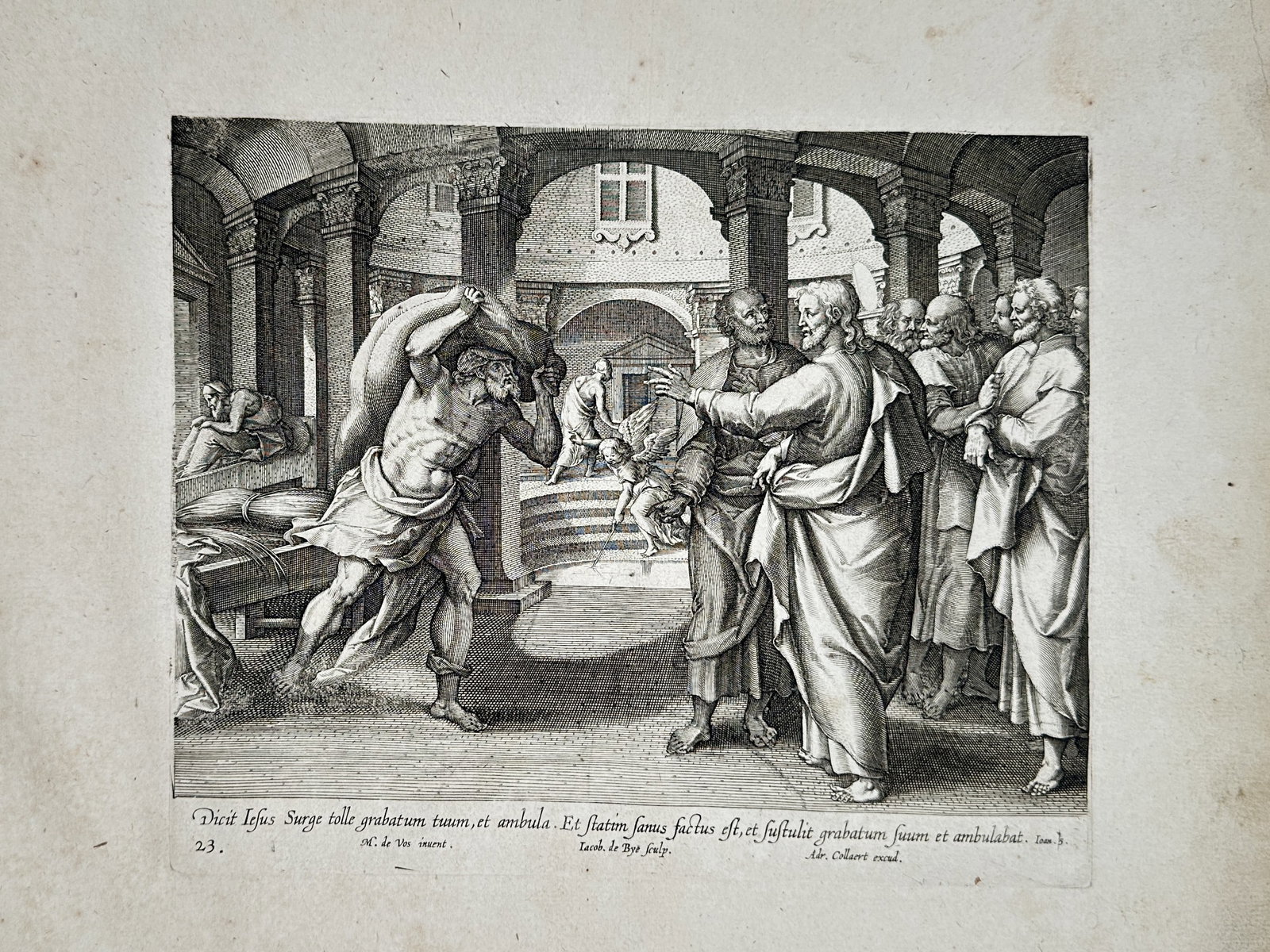 Marten de Vos (1532–1603) – The Healing of the Paralytic at the Pool of Bethesda – Engraving: "Dicit Iesus Surge tolle grabatum tuum, et ambula". This late sixteenth-century engraving depicts the miracle of Christ healing a paralyzed man at the Pool of Bethesda, as recounted in the Gospel of J