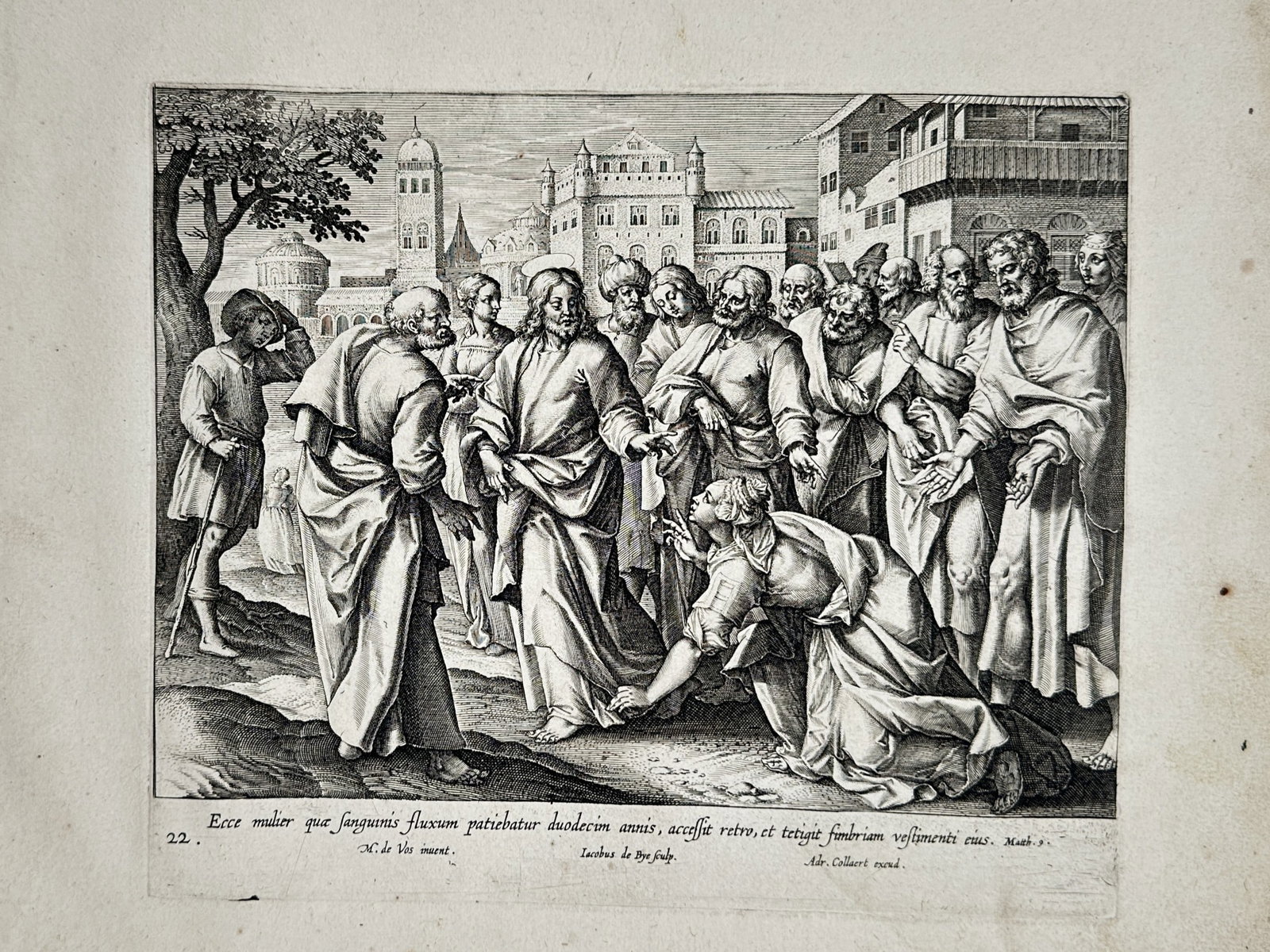 Marten de Vos (1532–1603) – Christ Healing the Woman with an Issue of Blood – Engraving: "Ecce mulier quae sanguinis fluxum patiebatur duodecim annis, accessit retro, et tetigit fimbriam vestimenti eius". This late sixteenth-century engraving illustrates the biblical miracle from the Gosp