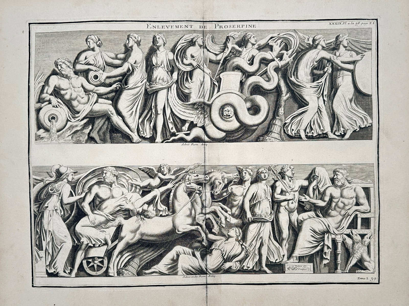Bernard de Montfaucon (1655–1741) – The Abduction of Proserpine – Engraving (1719): "Enlevement de Proserpine." This eighteenth-century engraving illustrates two distinct classical friezes depicting the myth of the abduction of Proserpine (Persephone) by Pluto (Hades). The upper regi