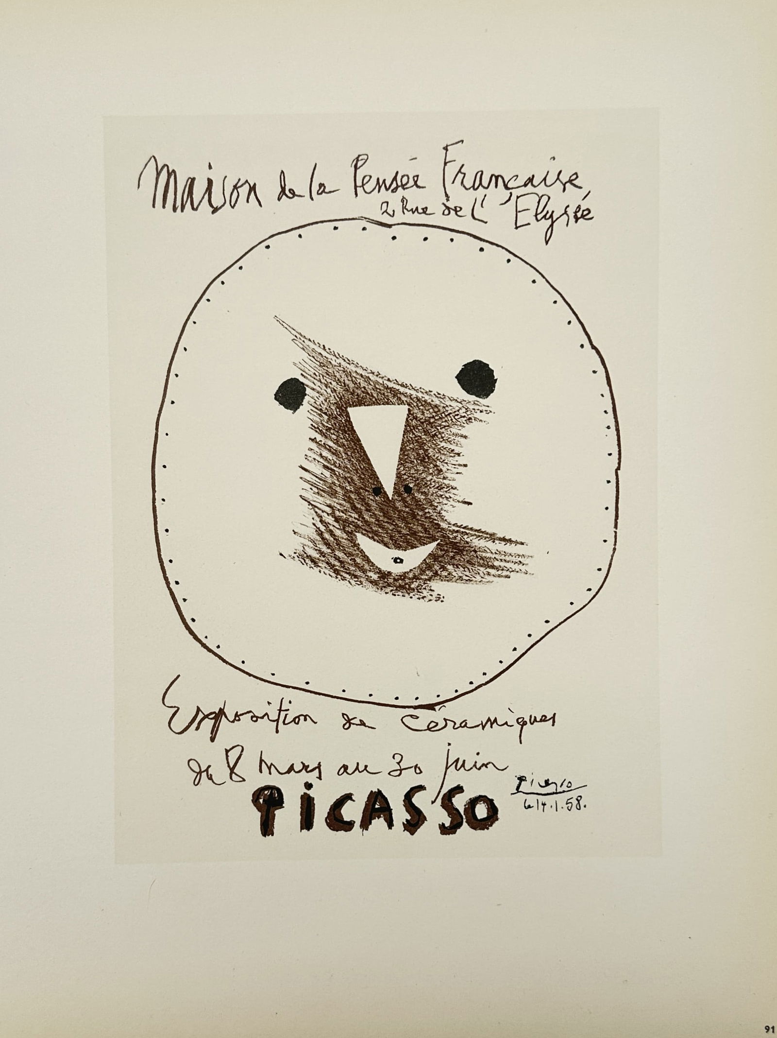 Pablo Picasso, after – Poster for the Exhibition of Ceramics at the Maison de la Pensee Francaise: "Exposition de Céramiques" This work provides a visual study of a ceramic face, featuring a minimalist, sun-like circular form with gestural eyes and a central nose. The lithograph was published in M