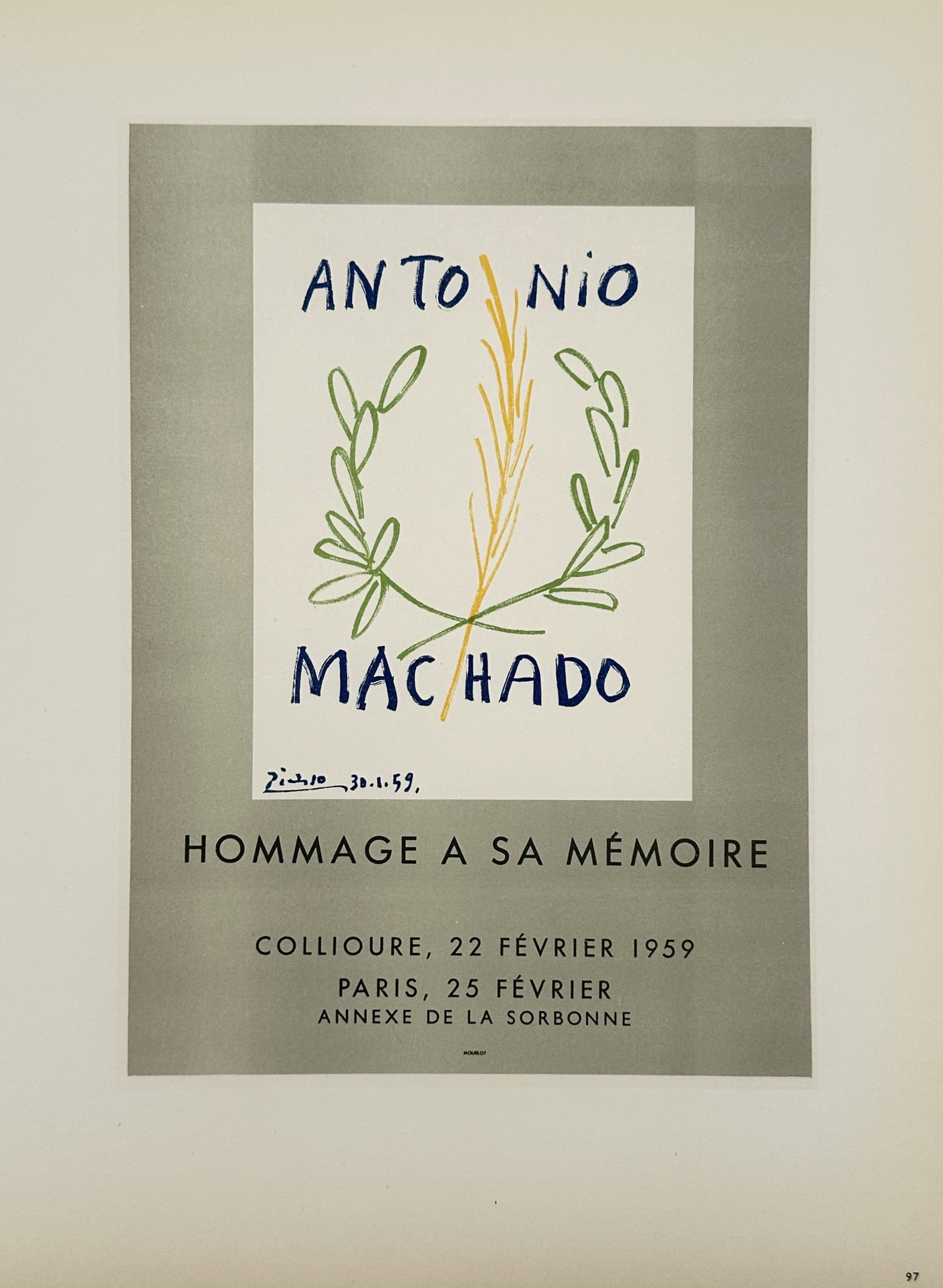 Pablo Picasso (1881–1973), after – Poster for the Homage to Antonio Machado – Lithograph: "Antonio Machado, Hommage à sa Mémoire" This work provides a visual study of a commemorative design featuring a yellow wheat stalk and green olive branches, symbols of peace and resilience. The lith