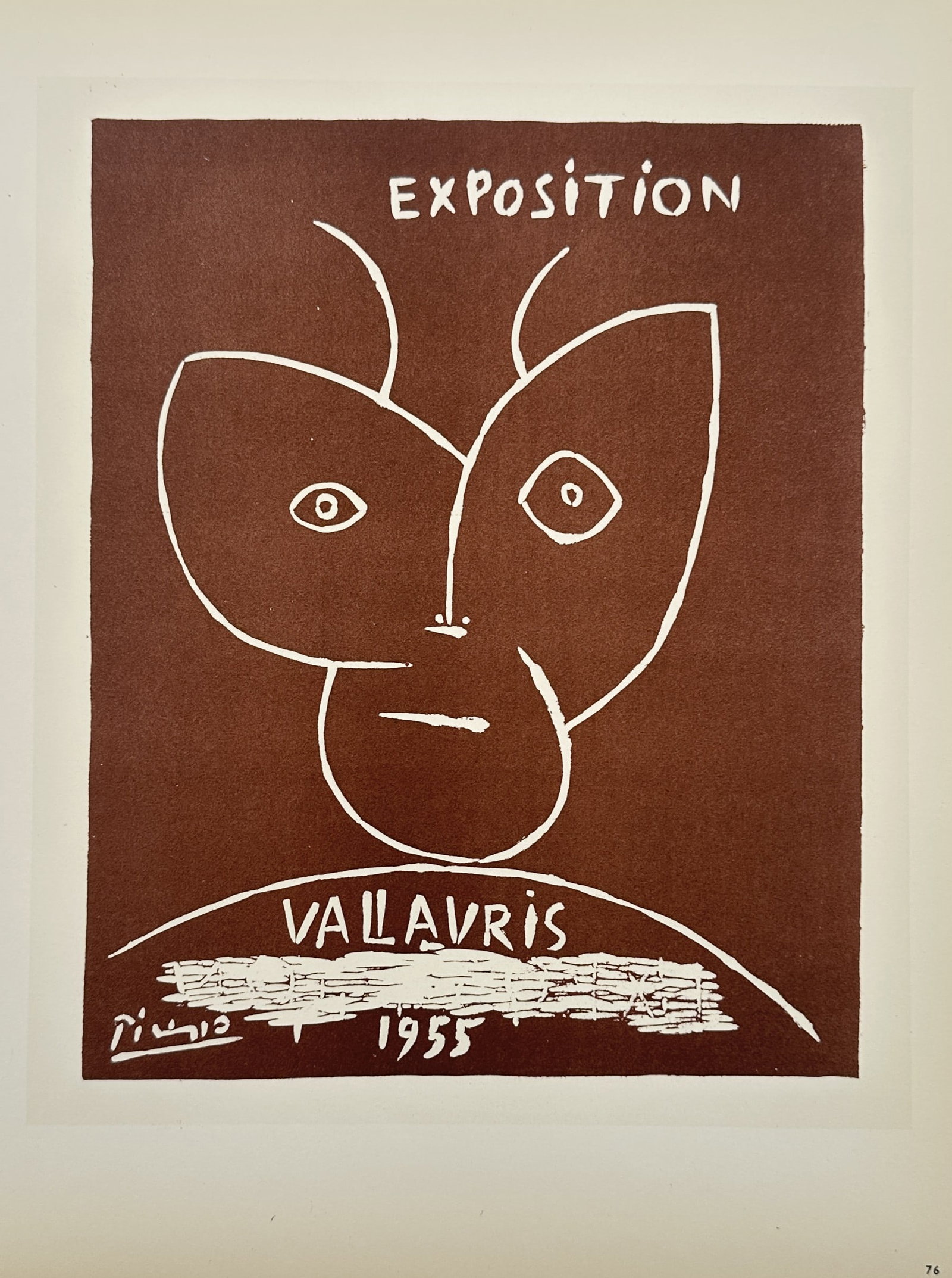 Pablo Picasso (1881–1973), after – Poster for the Vallauris Exhibition – Lithograph (1959): "Exposition Vallauris 1955" This work provides a visual study of a stylized face, featuring a white outline of a horned or faun-like head against a rich terracotta background. The lithograph was publi