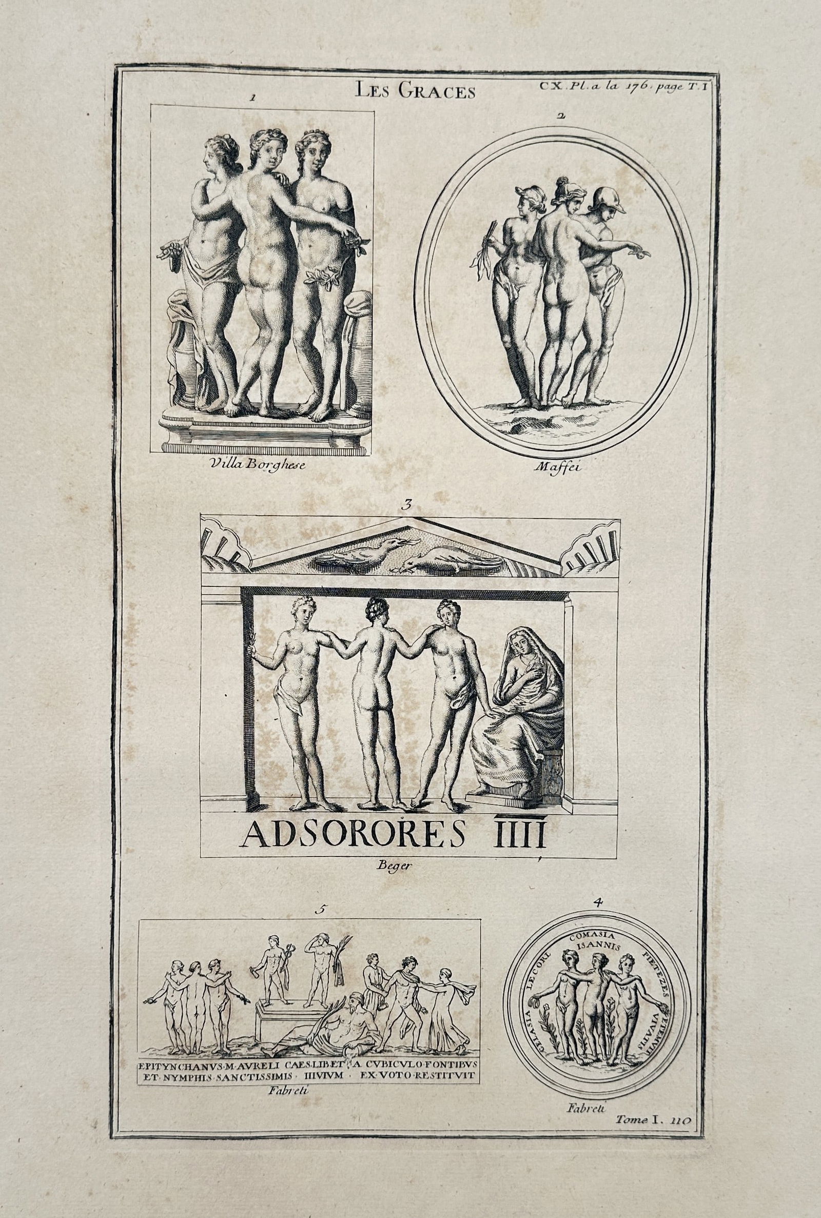 Bernard de Montfaucon – Classical Representations of the Three Graces – France – Engraving: "Les Graces" This work provides a visual study of five distinct depictions of the Three Graces from antiquity, featuring a famous sculptural group from the Villa Borghese and an engraved gem from the
