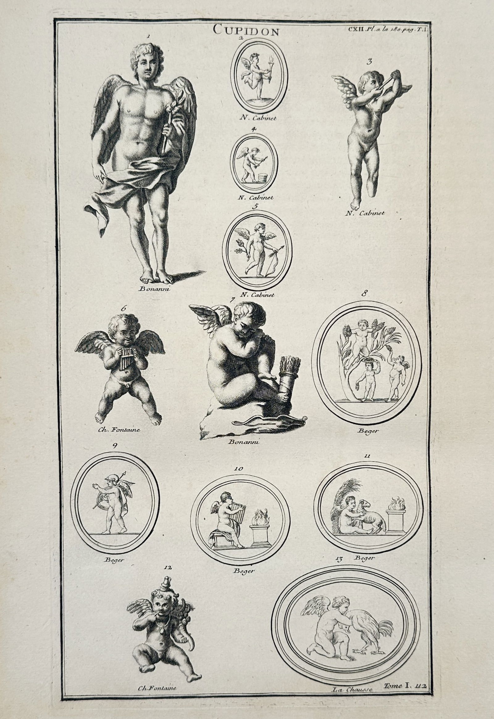 Bernard de Montfaucon – Classical Representations and Gems of Cupid – France – Engraving: "Cupidon" This work provides a visual study of thirteen distinct depictions of the deity Cupid from antiquity, featuring full-length statues and numerous engraved gems from notable Enlightenment-era c