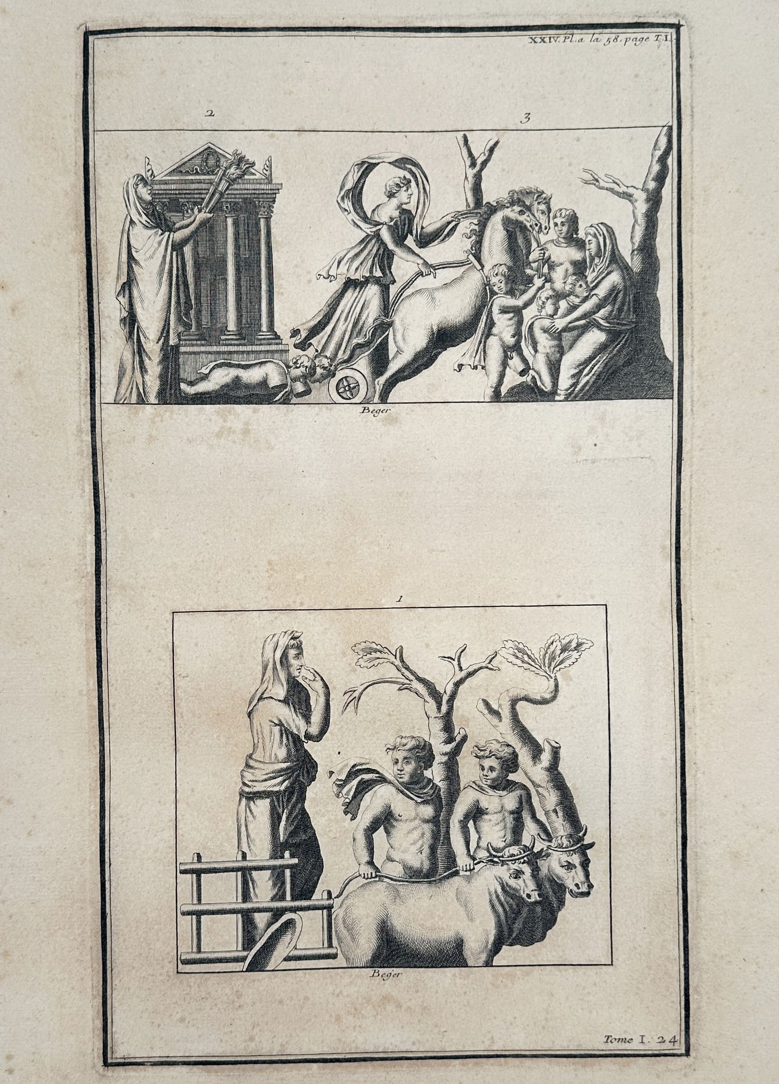 Bernard de Montfaucon – Classical Allegorical Reliefs from the Beger Collection – France: "Reliefs from the Beger Collection" This work provides a visual study of two distinct Greco-Roman reliefs, featuring a complex mythological scene in the upper register and a pastoral or agricultural d