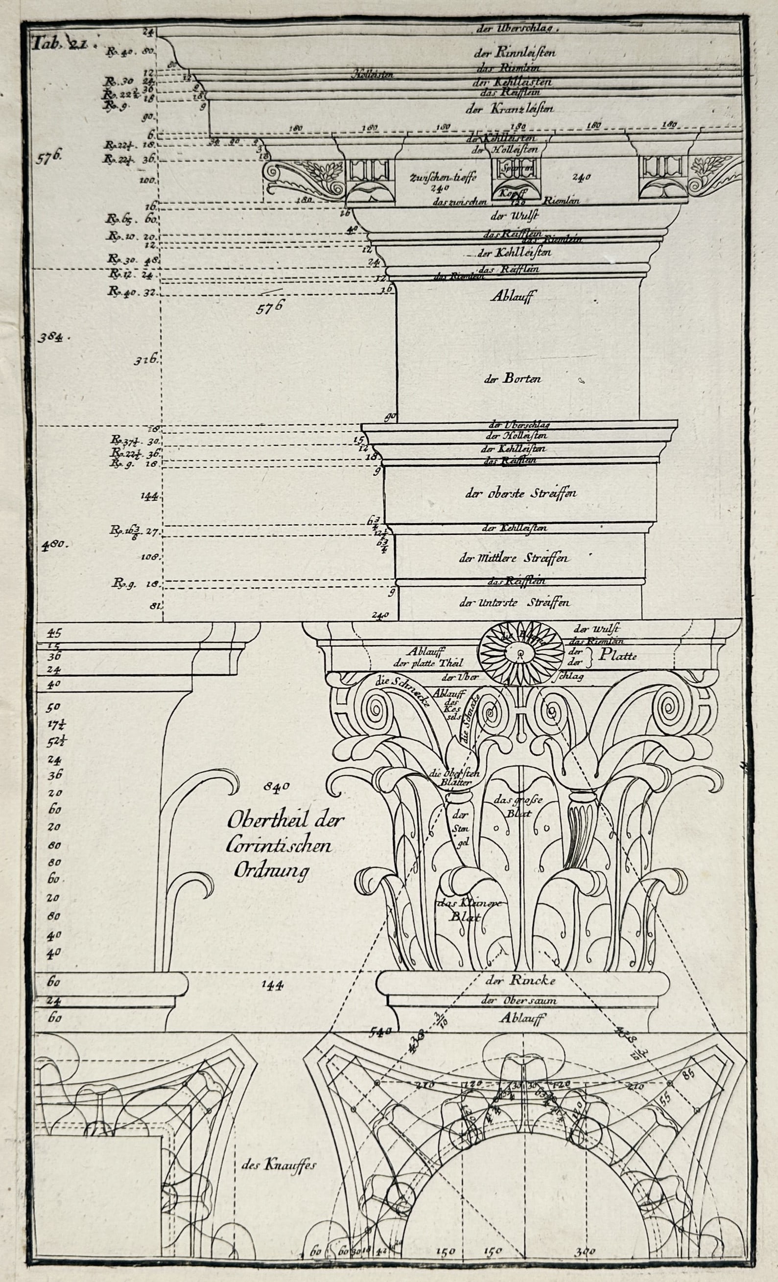 Nikolaus Goldmann – Architectural Study of the Corinthian Order Entablature – Germany –: "Obertheil der Corinthischen Ordnung" This work provides a technical architectural study of the upper section of a Corinthian column, featuring a detailed elevation of the capital with its characteris