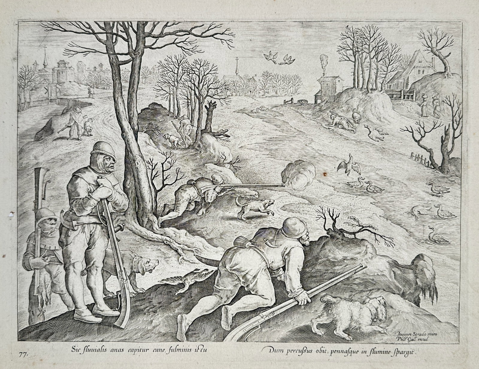Johannes Stradanus (1523-1605) – Hunting River Ducks with Firearms and Dogs – Engraving (1578): "Sic fluuialis anas capitur cano fulminis ictu" This engraving depicts hunters using early firearms and dogs to hunt ducks along a riverbank, with a village and various buildings visible in the backgr