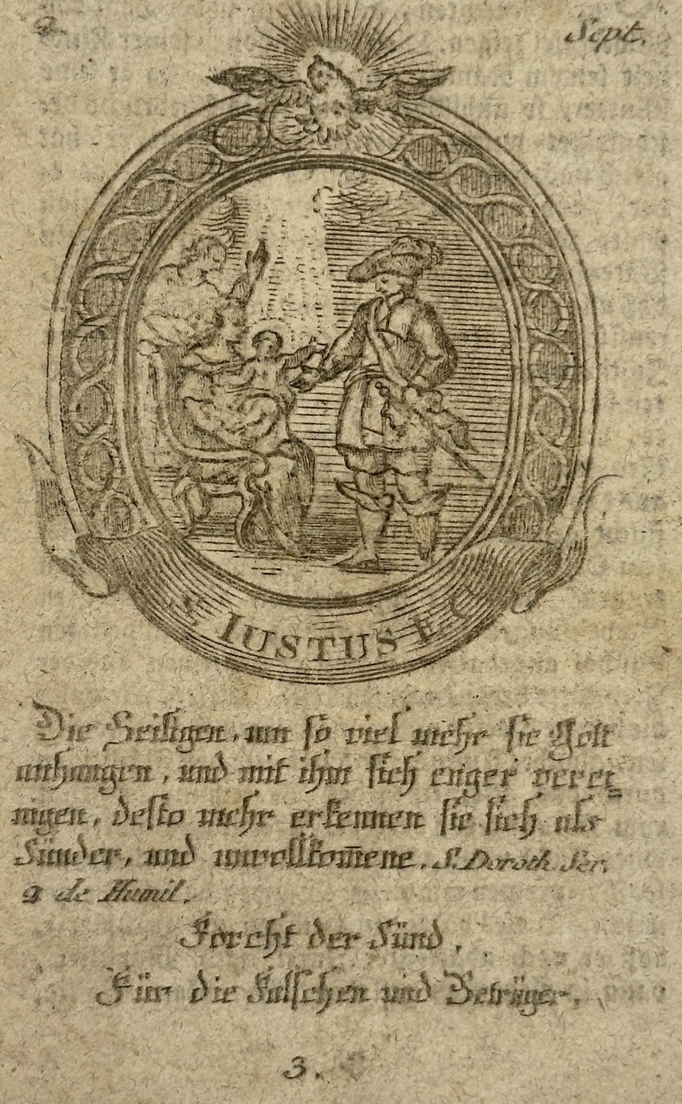 Franz Xavier Weninger (1805-1888) – Iustus: Allegory of Justice and Humility – Engraving: "Iustus." This engraving features a central medallion depicting a noble figure standing before a seated woman and child, surmounted by a radiant dove representing the Holy Spirit. Below the image is a