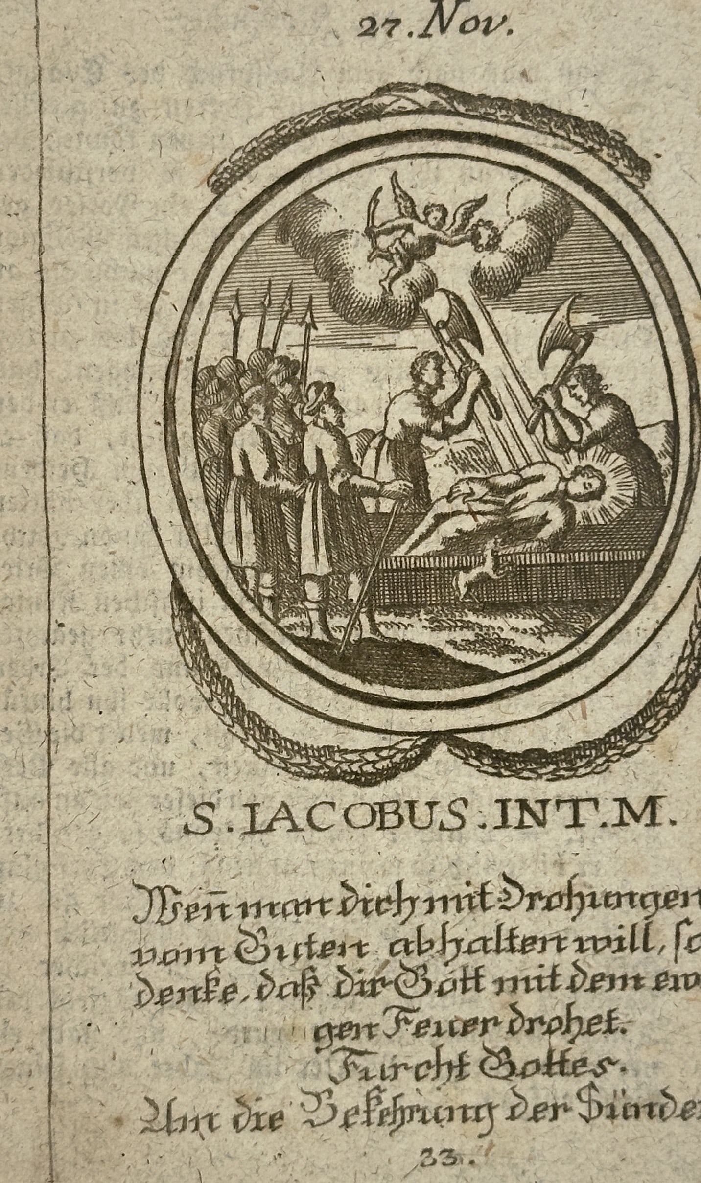 Franz Xavier Weninger (1805-1888) – Martyrdom of Saint James Intercisus – Engraving: "S. Iacobus Int. M." This engraving portrays the martyrdom of Saint James Intercisus, depicting the saint bound to a table while his limbs are severed, according to hagiographic tradition. Above the s