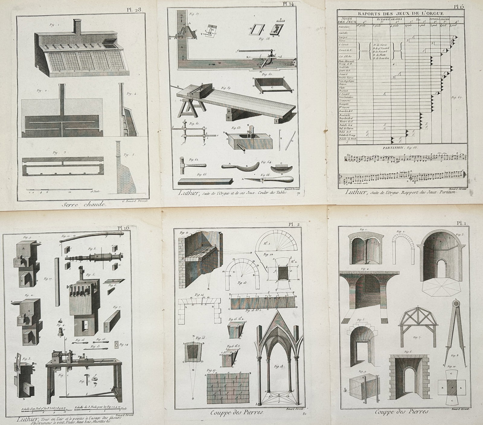 Robert Benard – Set of 6: Technical Studies of Stone Cutting, Organ Construction, and Greenhouse: "Coupe des Pierres. Luthier. Serre chaude." This set of six engravings provides an exhaustive visual survey of eighteenth-century architectural engineering and musical instrument manufacturing. The pl
