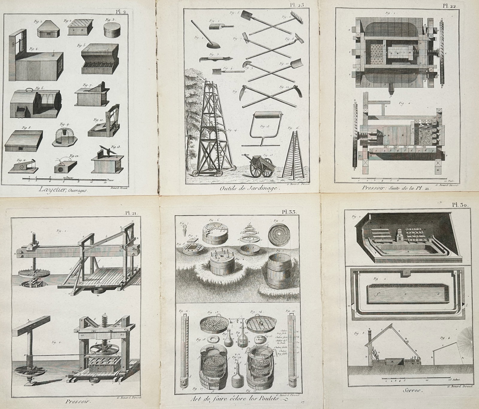 Robert Benard (1734-1777) – Set of 6: Technical Studies of Agriculture, Viticulture, and Gardening: "Layetier. Outils de Jardinage. Pressoir. Art de faire eclore les Poulets. Serres." This set of six engravings offers a meticulous survey of 18th-century rural economy and mechanical inventions. The p
